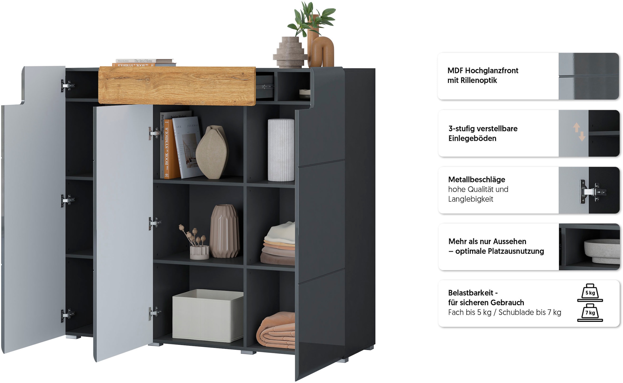 GOODproduct Highboard »Toledo,Breite 147,5 cm,trendige Hochkommode mit 3 Türen 1SK« Hochschrank mit viel Stauraum, stylische Hochglanzfronten