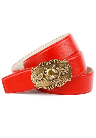 Anthoni Crown Ledergürtel, in rot mit Wolfkopf-Schnalle kaufen