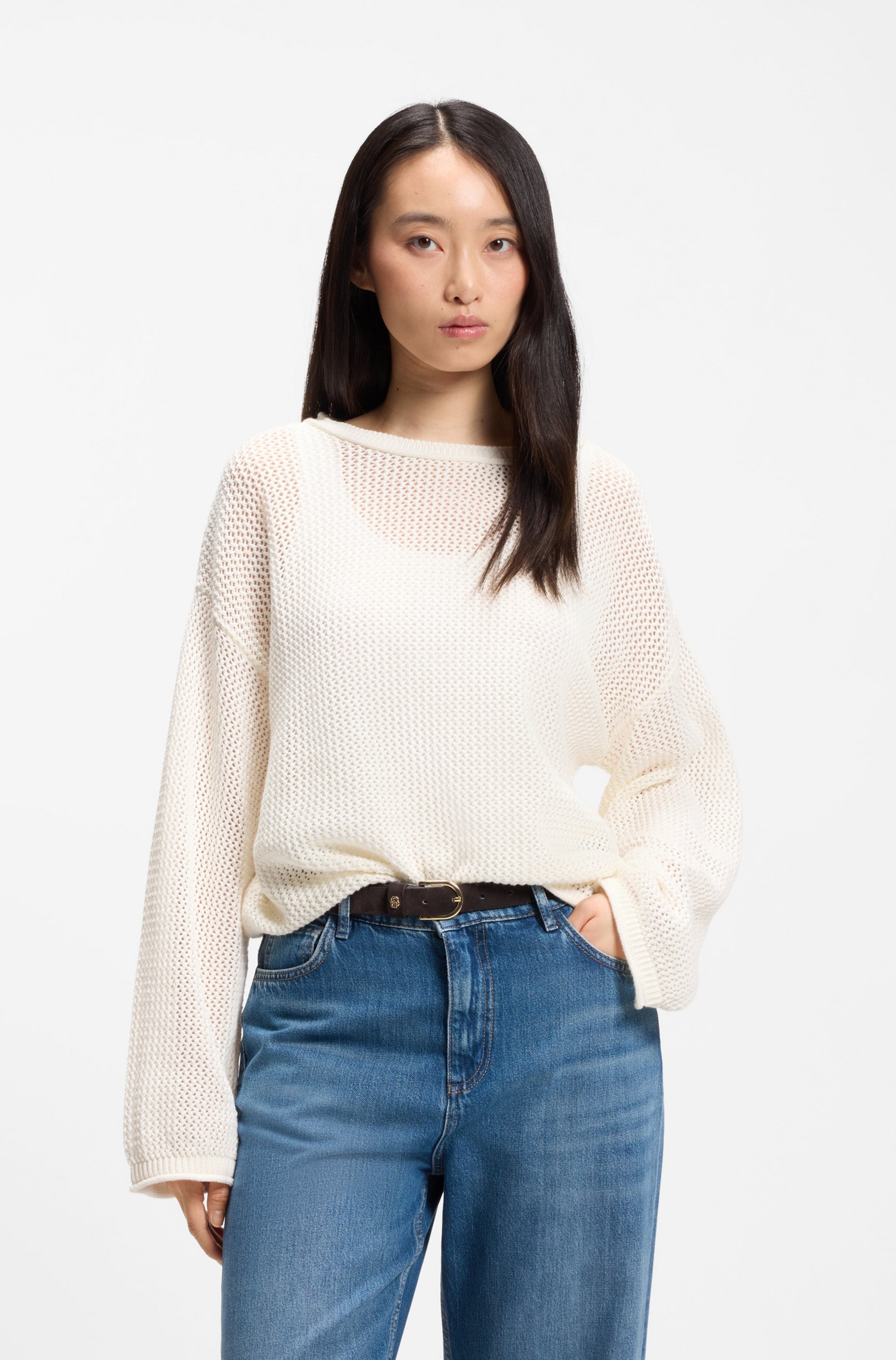 BOSS ORANGE Pull en tricot »Farde Premium Damenmode« in Mesh-Struktur, Relaxed Fit