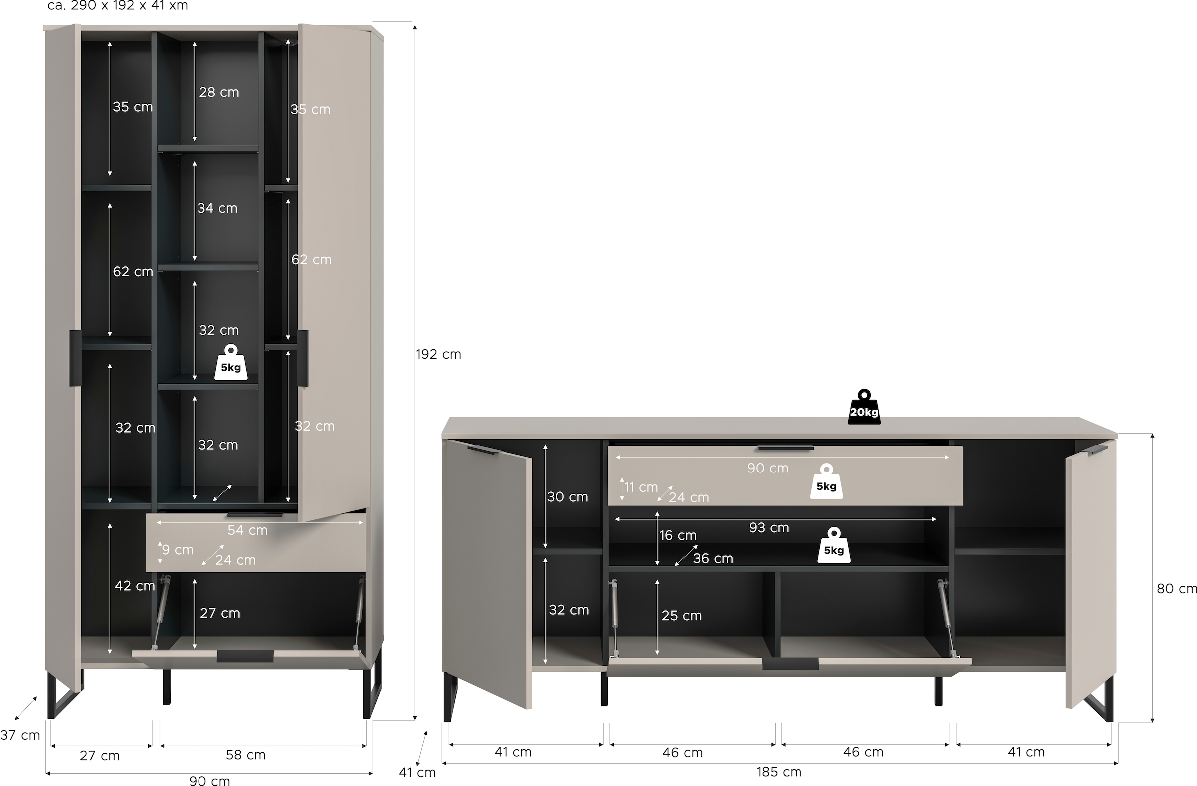 INOSIGN Wohnwand »ADIO, Breite 290 cm, 2-teiliges Set, mit Metall-Kufenfüsse« Set, bestehend aus: Mehrzweckschrank und Sideboard, 2 Stk. tlg.