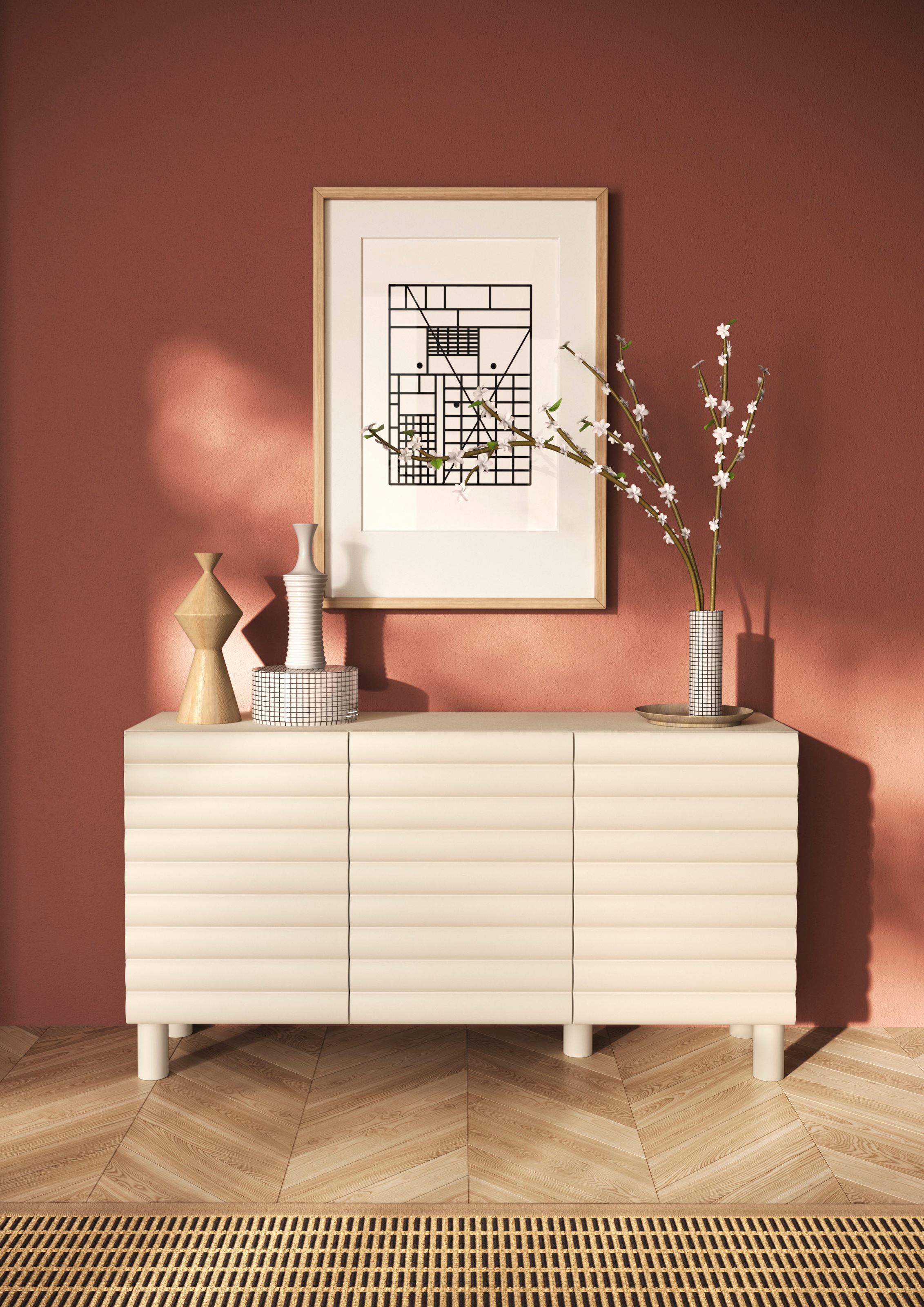 Image of GOODproduct Sideboard "Adria, 152 cm breit, 3 Türen, Anrichte, Kommode, Stauraumschrank" Korpus Talco Spatolato, MDF-Fronten in 3D-Design, viel Stauraum