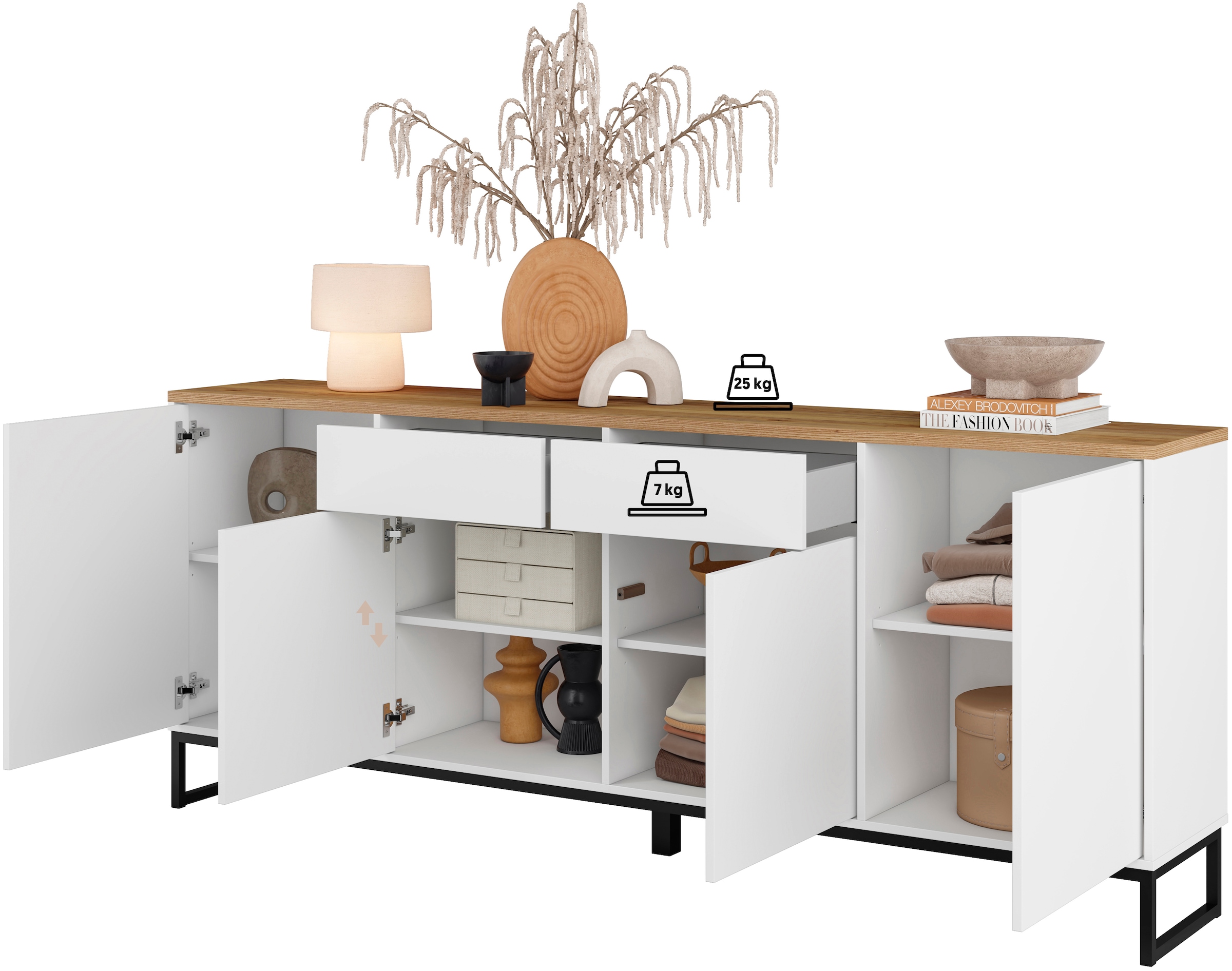 Home affaire Buffet »Alto, Breite 208,5 cm, grifflose Kommode 4 Türen/2 Schubkästen.« Schubladenschrank mit viel Stauraum, Einlegeböden verstellbar
