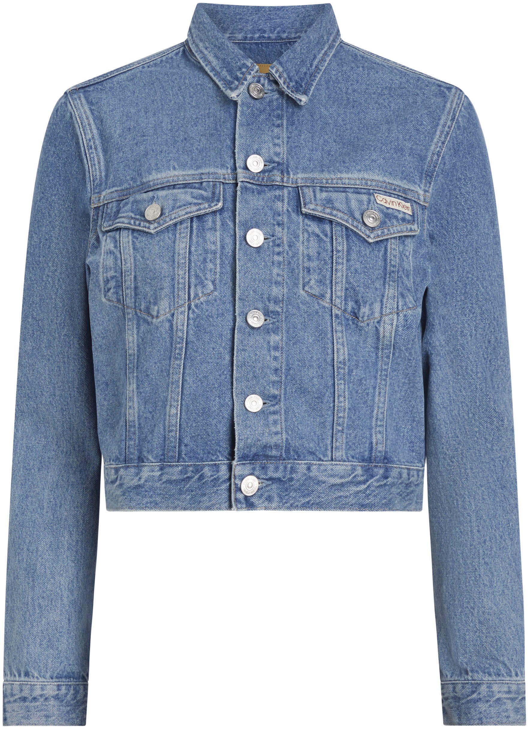 Calvin Klein Jeans Jeansjacke »CROPPED 90'S DENIM JACKET«, Logostickerei auf Brustasche, enge Passform