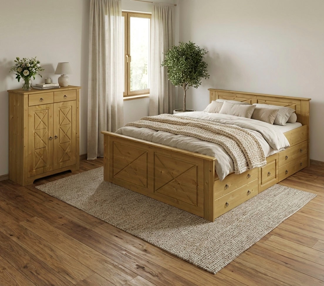 GOODproduct Bett »Hugo, Massivholzbett, FSC® zertifiziertes Massivholz« B/T/H: 153/208/84 cm,  aus massiver Kiefer, ohne Lattenrost,140x200 cm, Bettkasten optional