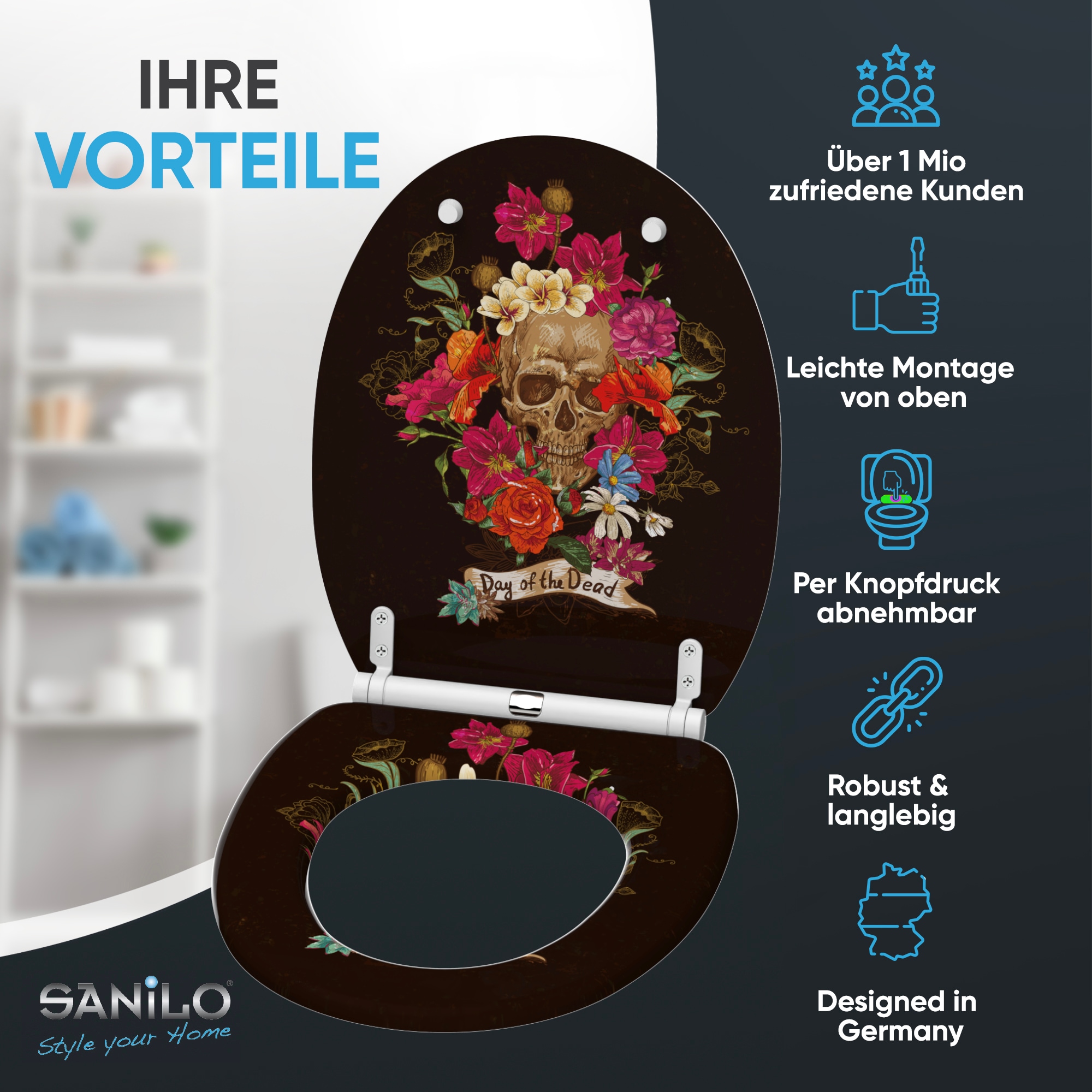 Sanilo Siège de WC »Day of the Dead mit Absenkautomatik & Quick Release« Premium Toilettendeckel, abnehmbar, leichte Montage von oben