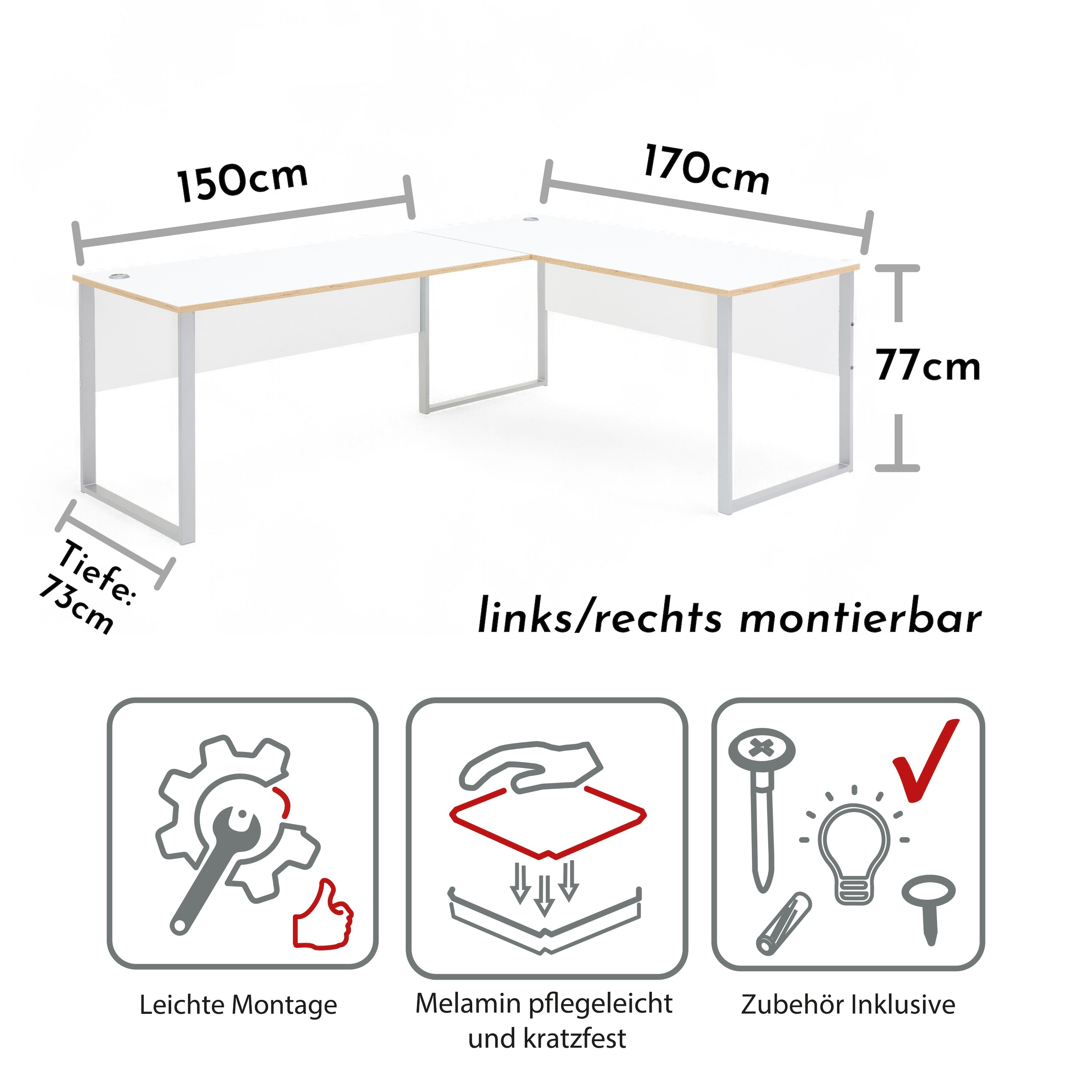 Innostyle Bureau »Memphis Eckschreibtisch, 223x77x170cm (B/H/T)« 1 cuis tlg. protection d’angle ABS, surface Soft Touch