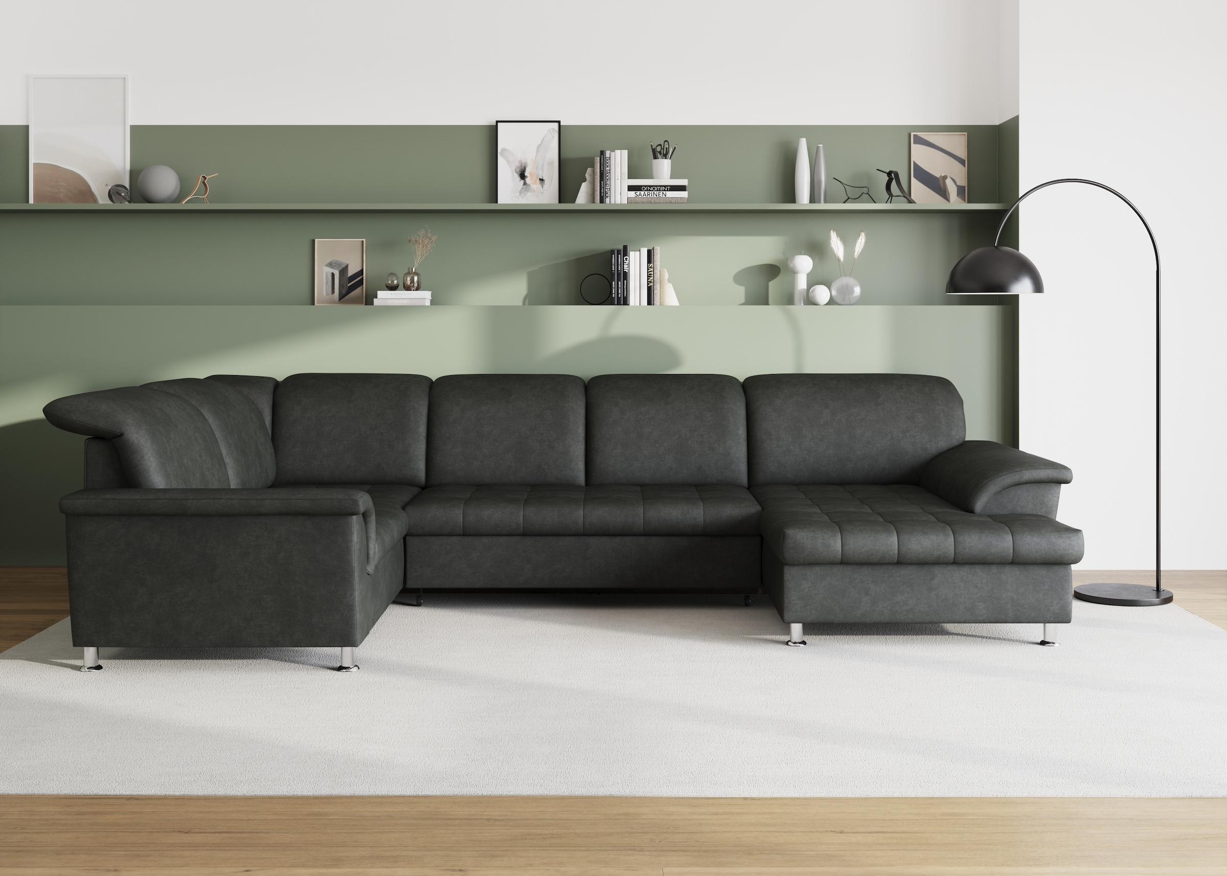 Image of DOMO collection Wohnlandschaft "FRANZI optional mit Bettfunktion, Bettkasten & Kopfteilverstellung" U-Form, Recamiere rechts, grau, B/T: 352/214 cm