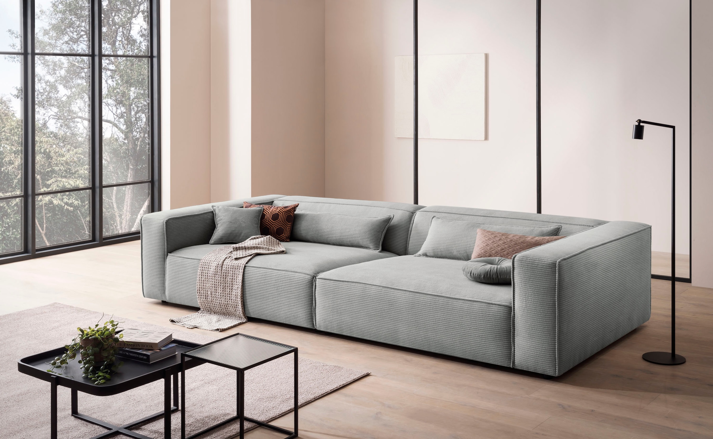 LeGer Home by Lena Gercke 3-Sitzer »PIARA, XXL Sofa mit Kedernaht, Big-Sofa in Cord oder Leinenoptik«, schwarze Füsse, bequemer Sitzkomfort, extra tiefe Sitzfläche