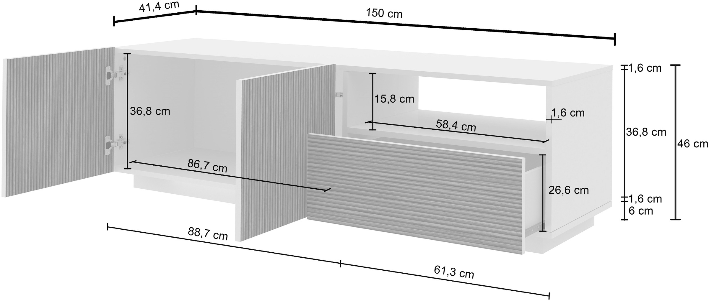 Home affaire Lowboard »Vega,Lowboard,TV Board,TV Schrank,150 cm« mit 2 Türen und 1 Schublade,Fronten mit Rillen-Optik