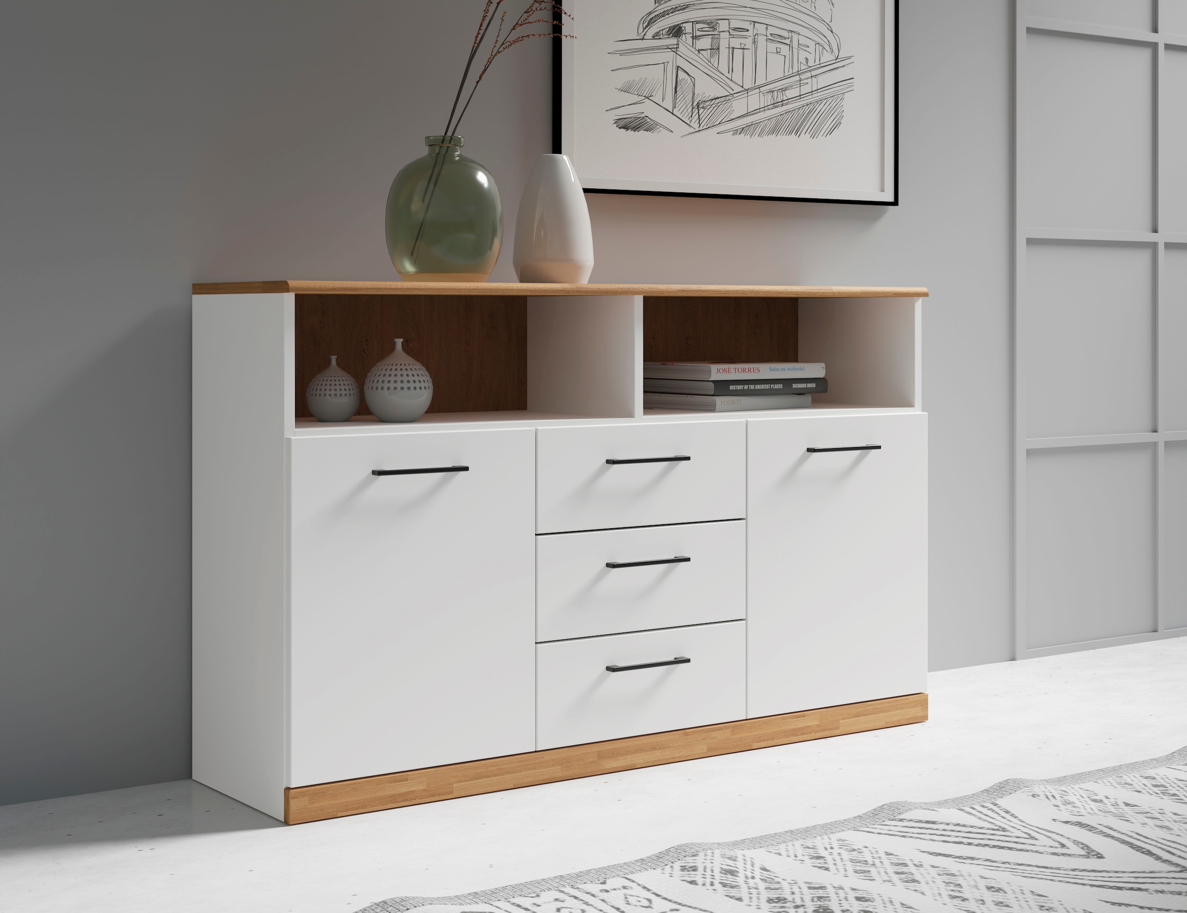 Home affaire Sideboard »Ribe,130cm breit,80cm hoch, 6 Fächer«, Oberplatte Eiche massiv,schwarze Metall Griffe