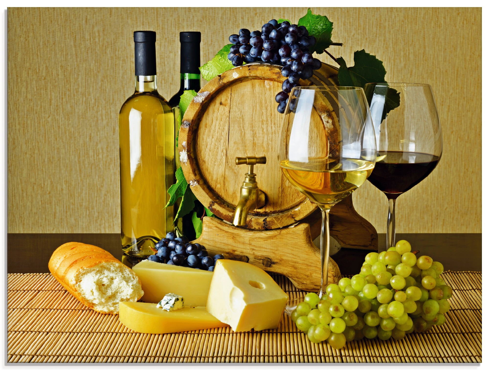 Image of Artland Glasbild "Käse, Wein und Trauben" Lebensmittel 1 Stk. tlg. in verschiedenen Grössen