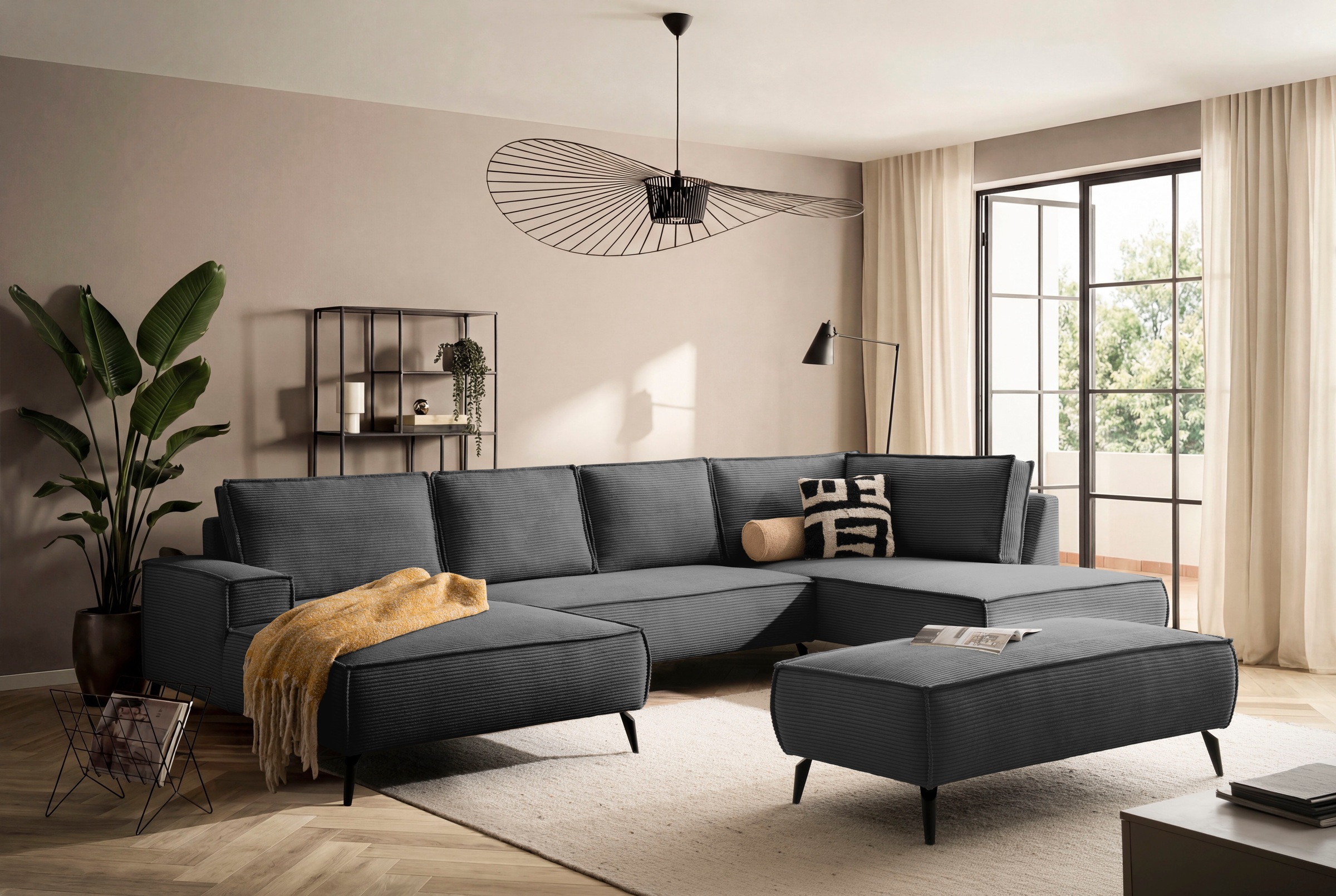 Image of GOODproduct Wohnlandschaft "TVINNU Cord, 360 cm, mit Hocker" Recamiere rechts/links, schwarze Metallfüsse, bequeme Sitz-/Liegefläche