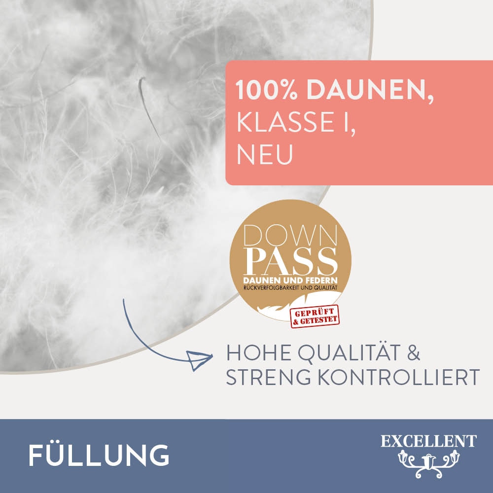 Excellent Daunenbettdecke »Zürich, Bettdecken für Sommer und Winter, Decke«, warm, Füllung 100% Daunen, Bezug 100% Baumwolle, (1 St.), Bettdecke 135x200 cm, 155x220cm und weitere Grössen, Made in Germany