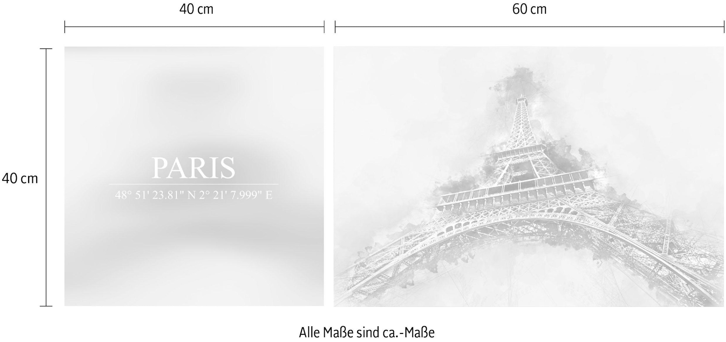 queence Leinwandbild »Paris«, Elemente der Architektur-Paris-Kunst-Sprüche-Sprüche & Texte-Schriftzug-Schriftzüge, (Set), Premium-Leinwandstoff, Handarbeit aus Deutschland, Spruch, 2er Set