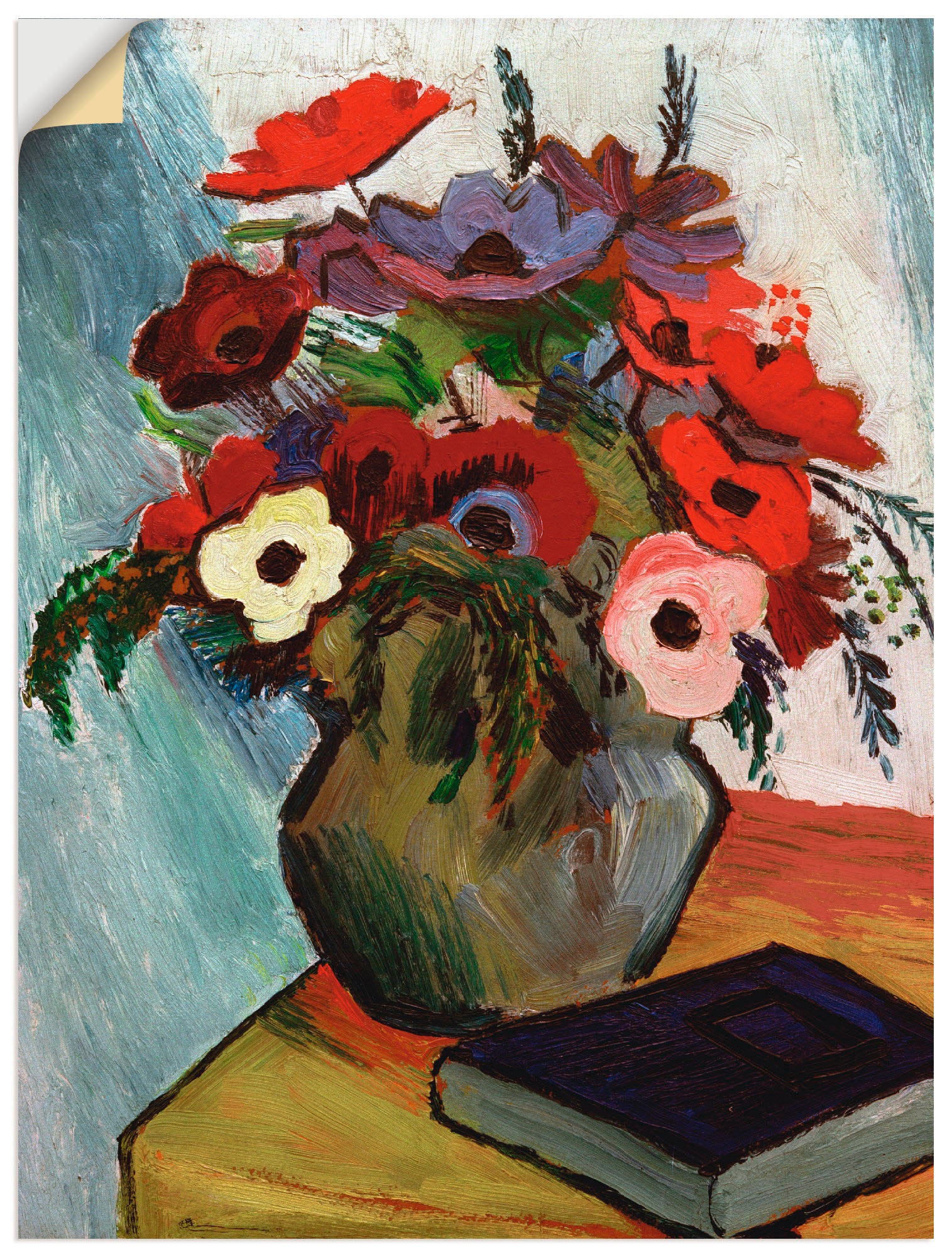 Image of Artland Wandbild »Stilleben mit Anemonen und blauem Buch«, Arrangements, (1 St.), in vielen Grössen & Produktarten -Leinwandbild, Poster, Wandaufkleber / Wandtattoo auch für Badezimmer geeignet bei Ackermann Versand Schweiz