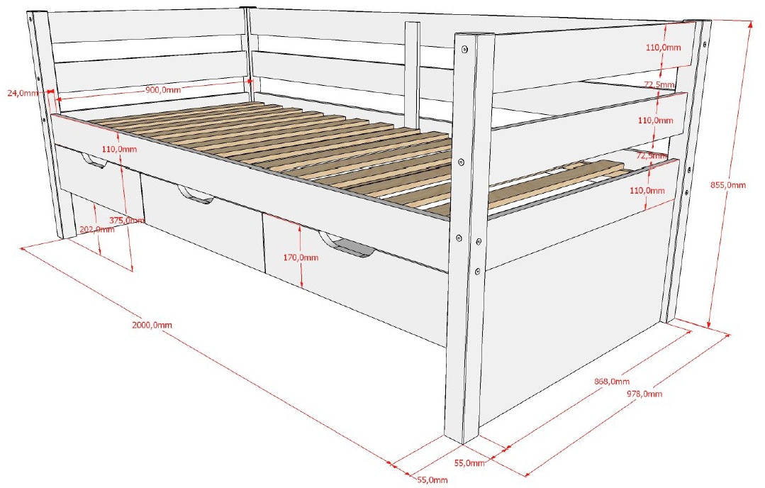 Vipack Funktionsbett »Margrit, mit 3 Schubladen, zeitloses Design universell einsetzbar« Liegefläche 90 x 200 cm, inkl. Rolllattenrost und seitlichem Umbau,  stabiles Massivholzbett, wahlweise in 2 Farben erhältlich