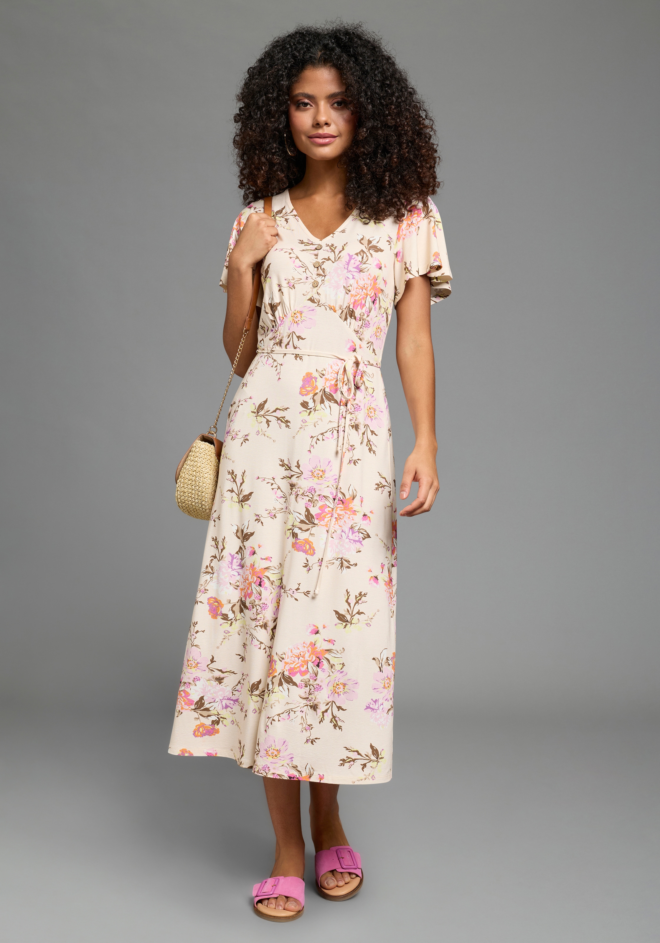 Image of Laura Scott Sommerkleid mit geblümtem Design, aus Viskose und Elasthan, Midi-Länge