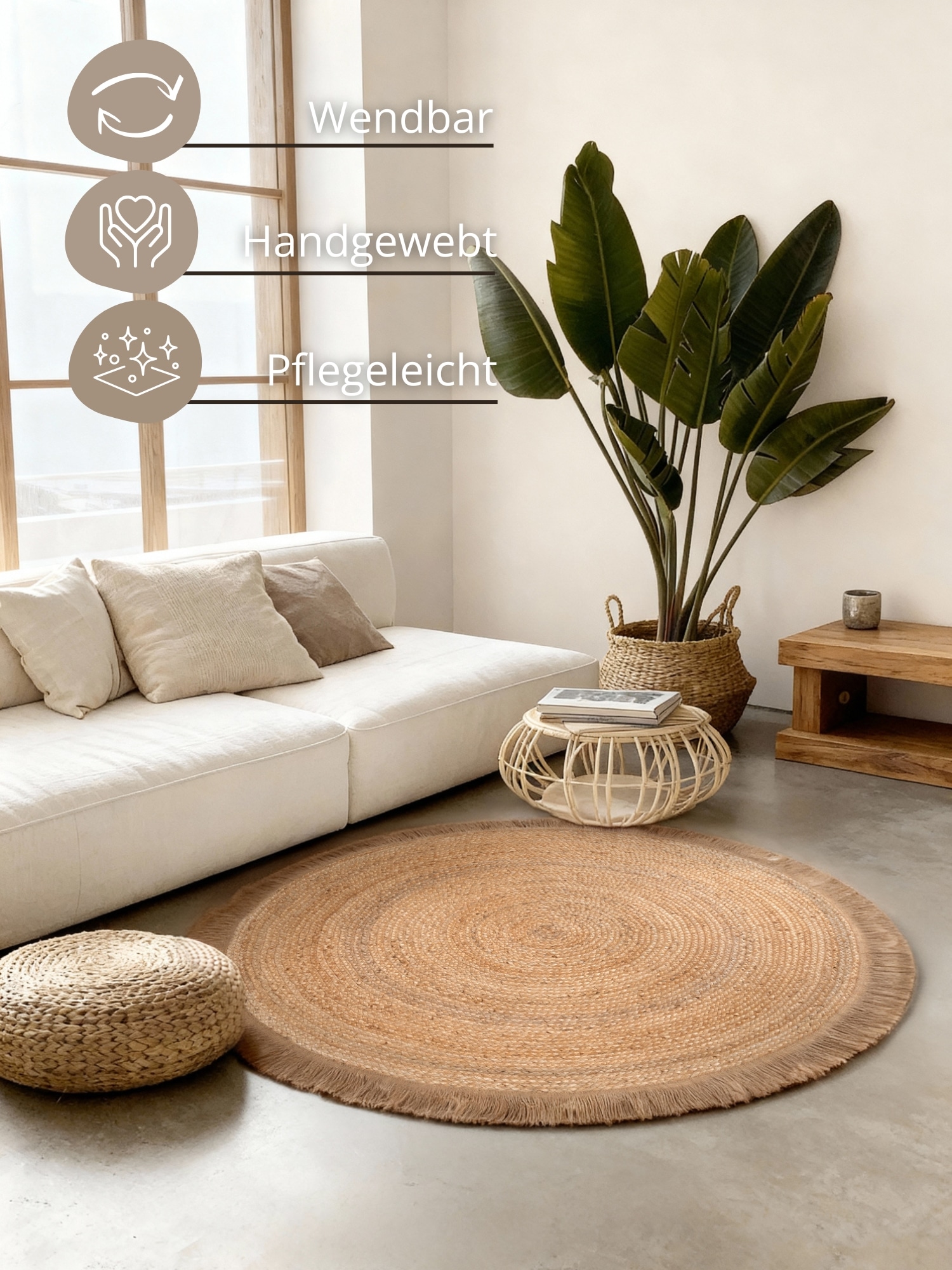 HANSE Home Tapis »Nuru« Rond 7 mm Höhe Jute, Handgemacht, Rund, Fransen, Wohnzimmerteppich, Naturteppich