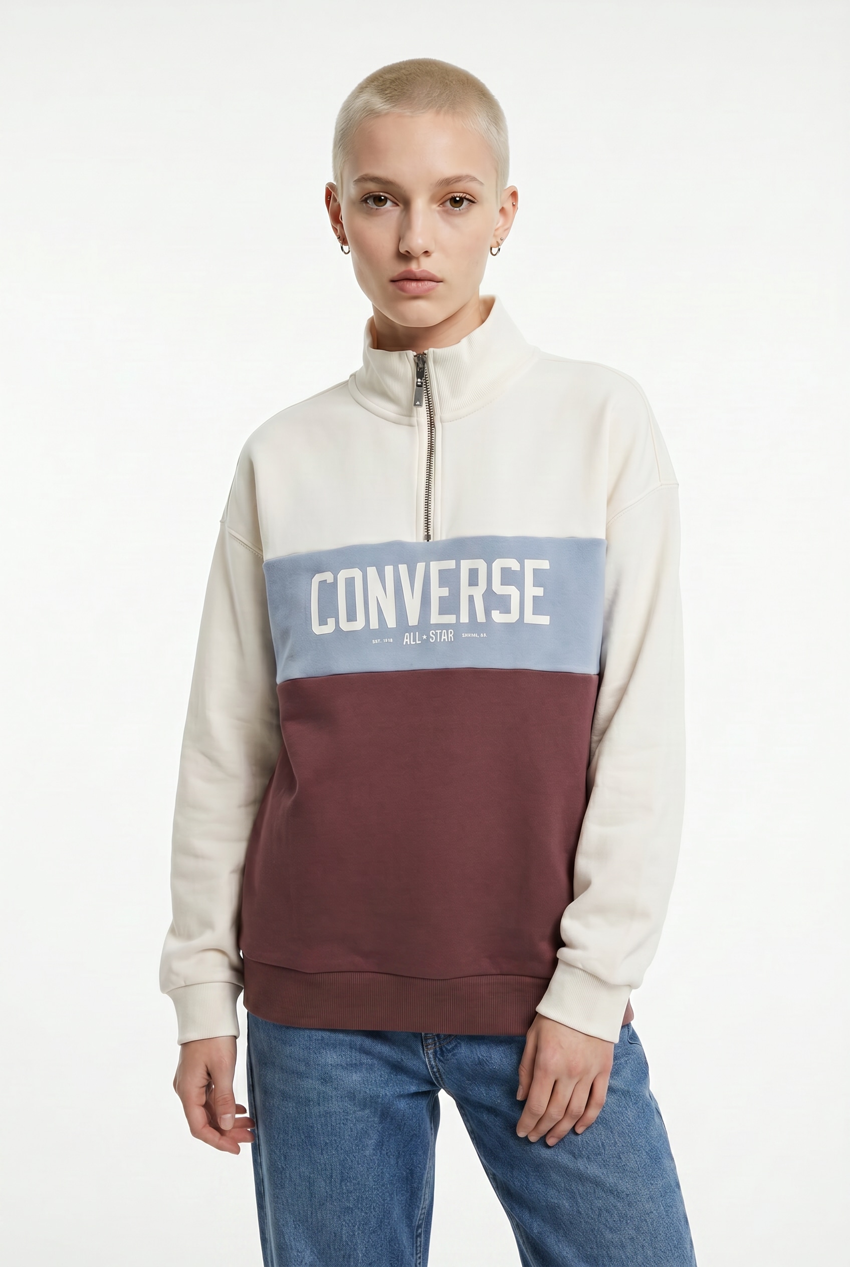 Image of Converse Sweatshirt "WOMENS CONVERSE HALF-ZIP COLORBLOCKED PULLOVER", mit hochschliessendem Kragen mit Reissverschluss, Langarm-Design