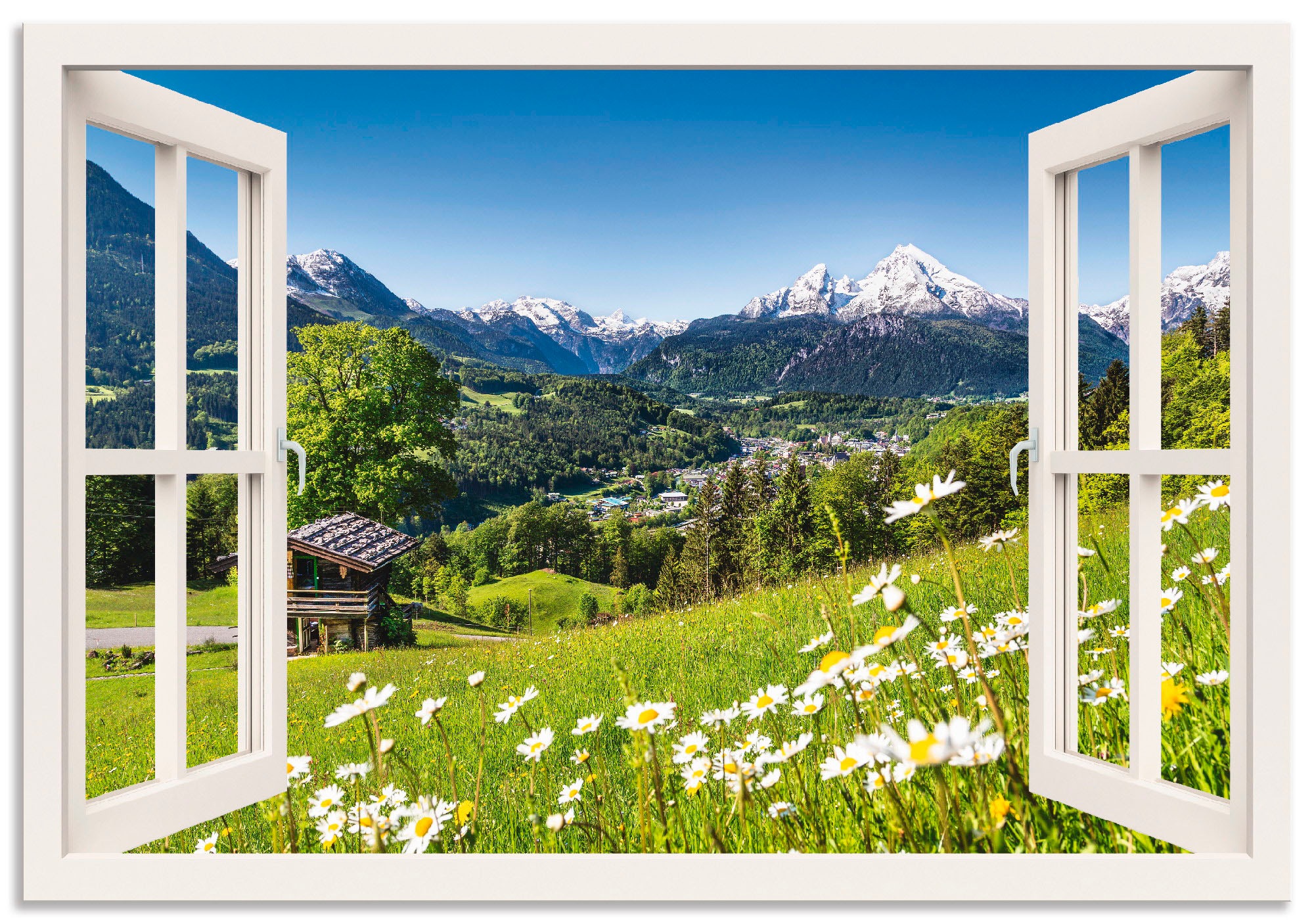 Artland Wandbild »Fensterblick Bayerischen Alpen«, Poster St.), Grössen oder versch. als Wandaufkleber kaufen (1 Leinwandbild, Berge, Alubild, in