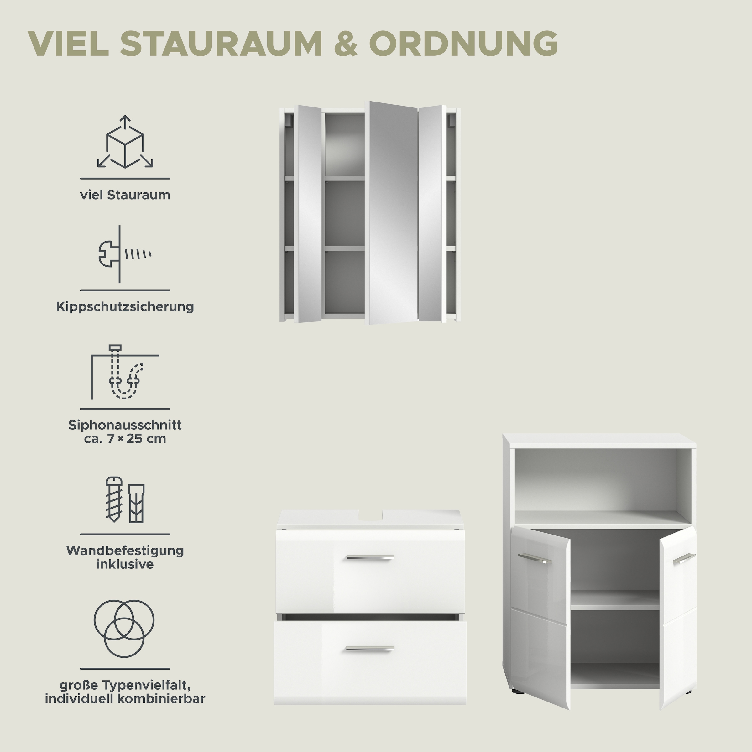 INOSIGN Badmöbel-Set »FLORENZ, TOPSELLER!, 3-teilige Badkombination, hochwertige MDF-Front« Set, best. aus: Waschbeckenunterschrank, Spiegelschrank, Midischrank breit, 