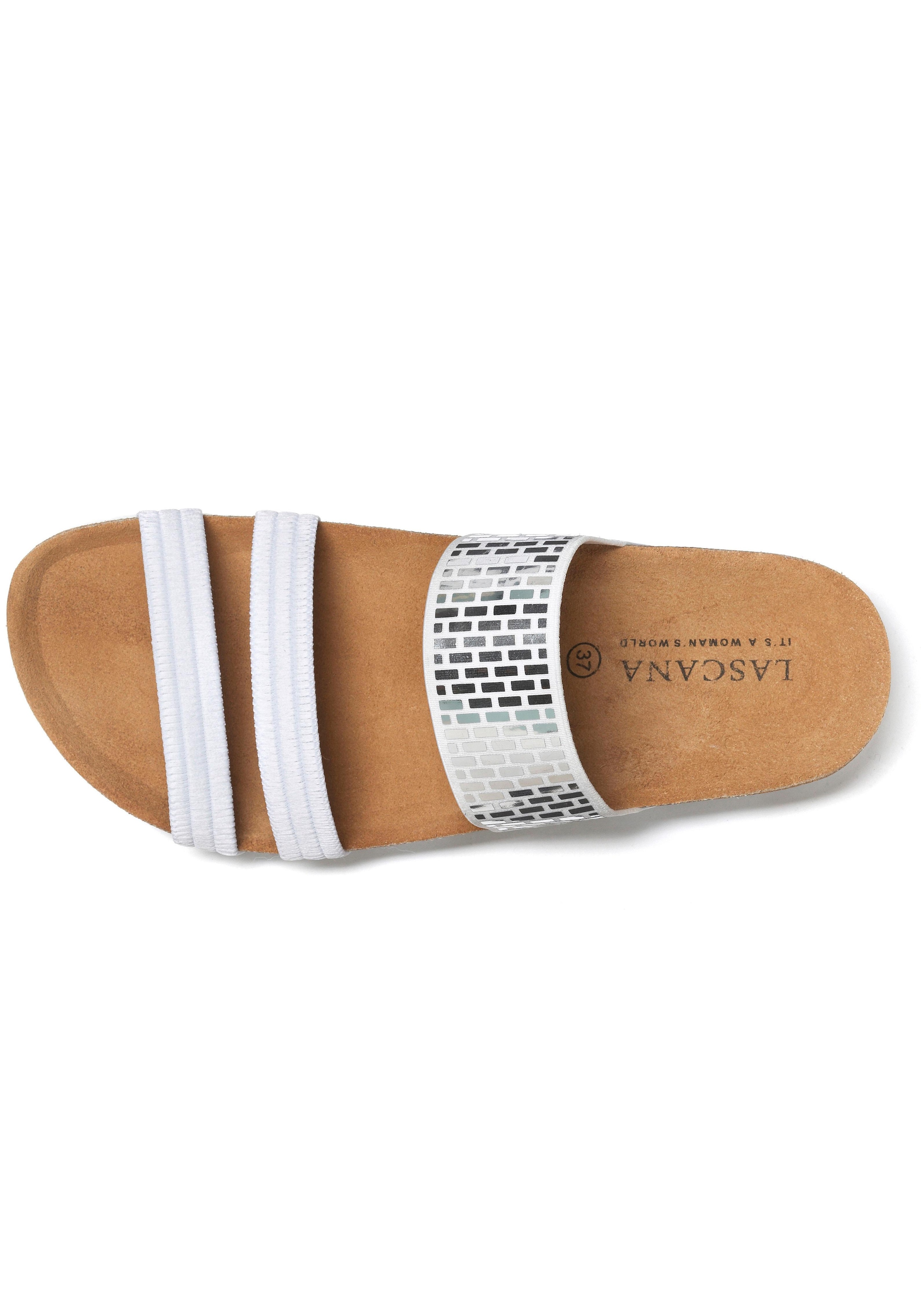 LASCANA Pantolette »Mule, Sandale, offener Schuh,«, mit Komfortkorkfussbett aus Leder und elastischen Riemchen
