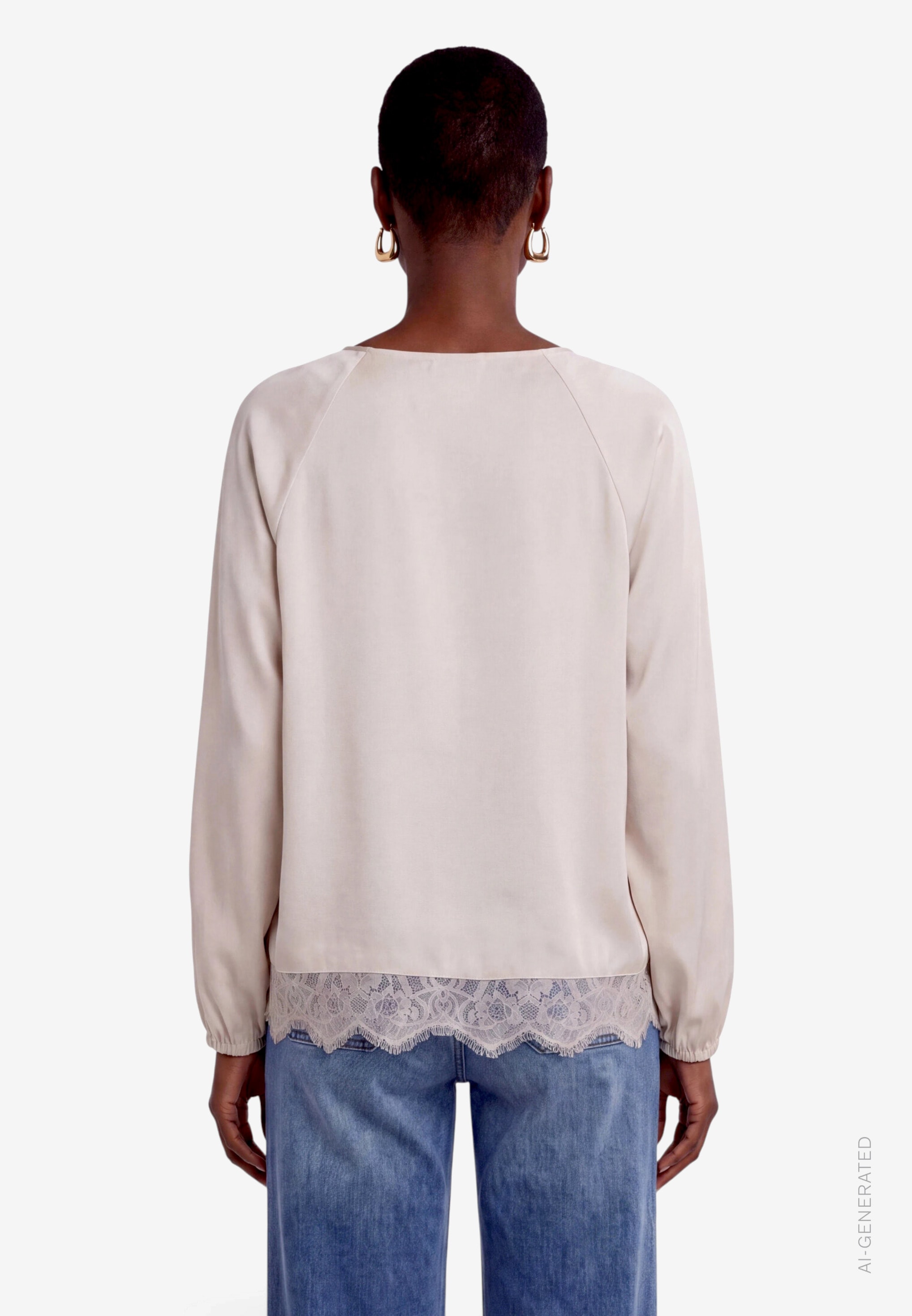 Zero Satinbluse Satin Langarmshirt mit Häkelkante am Saum
