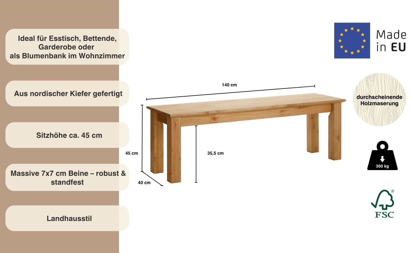 Home affaire Sitzbank, Breite 120 cm, aus massiver, FSC®-zertifizierter Kiefer
