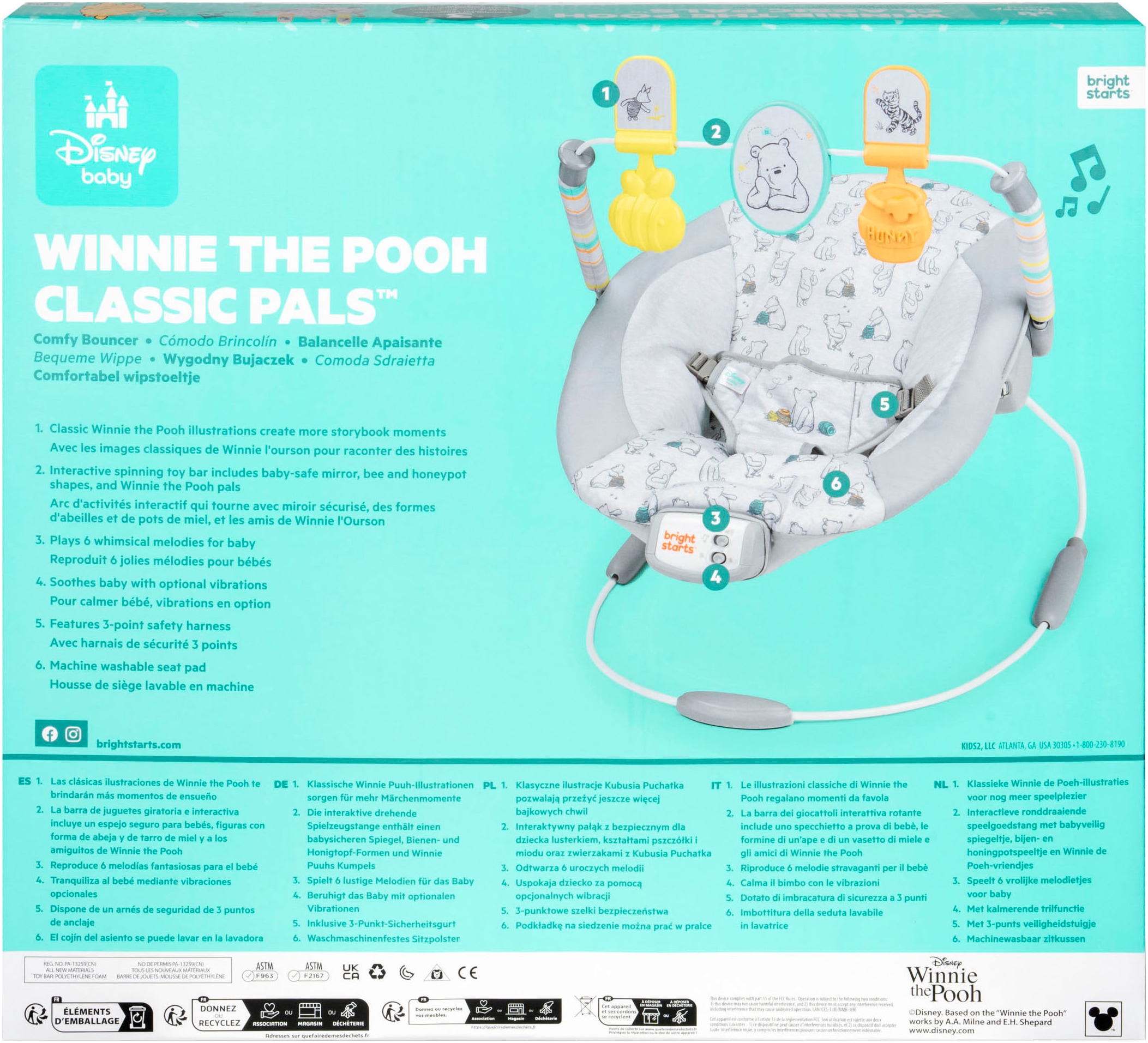 Bright Starts Transat pour bébé »Disney Winnie the Pooh Classic Pals Vibrating Bouncer« bis 9 kilos mit Sound-Effekt