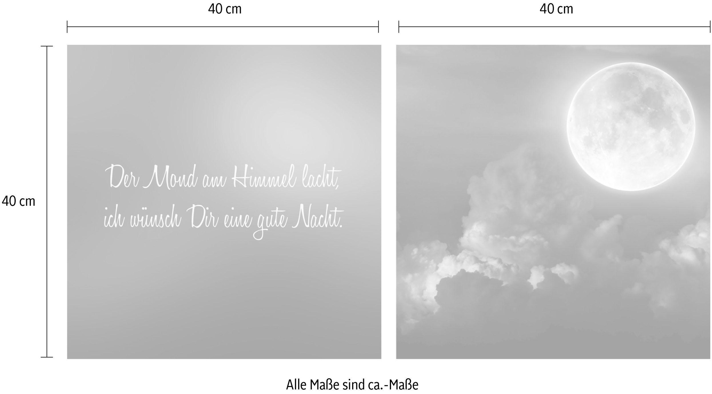 queence Leinwandbild »Mond«, Himmel-Himmelsbilder-Kunst-Modern-Spa-Spa Bilder-Sprüche-Sprüche & Texte-Schriftzug-Schriftzüge-Wolken, (Set), Premium-Leinwandstoff, Handarbeit aus Deutschland, Spruch, 2er Set