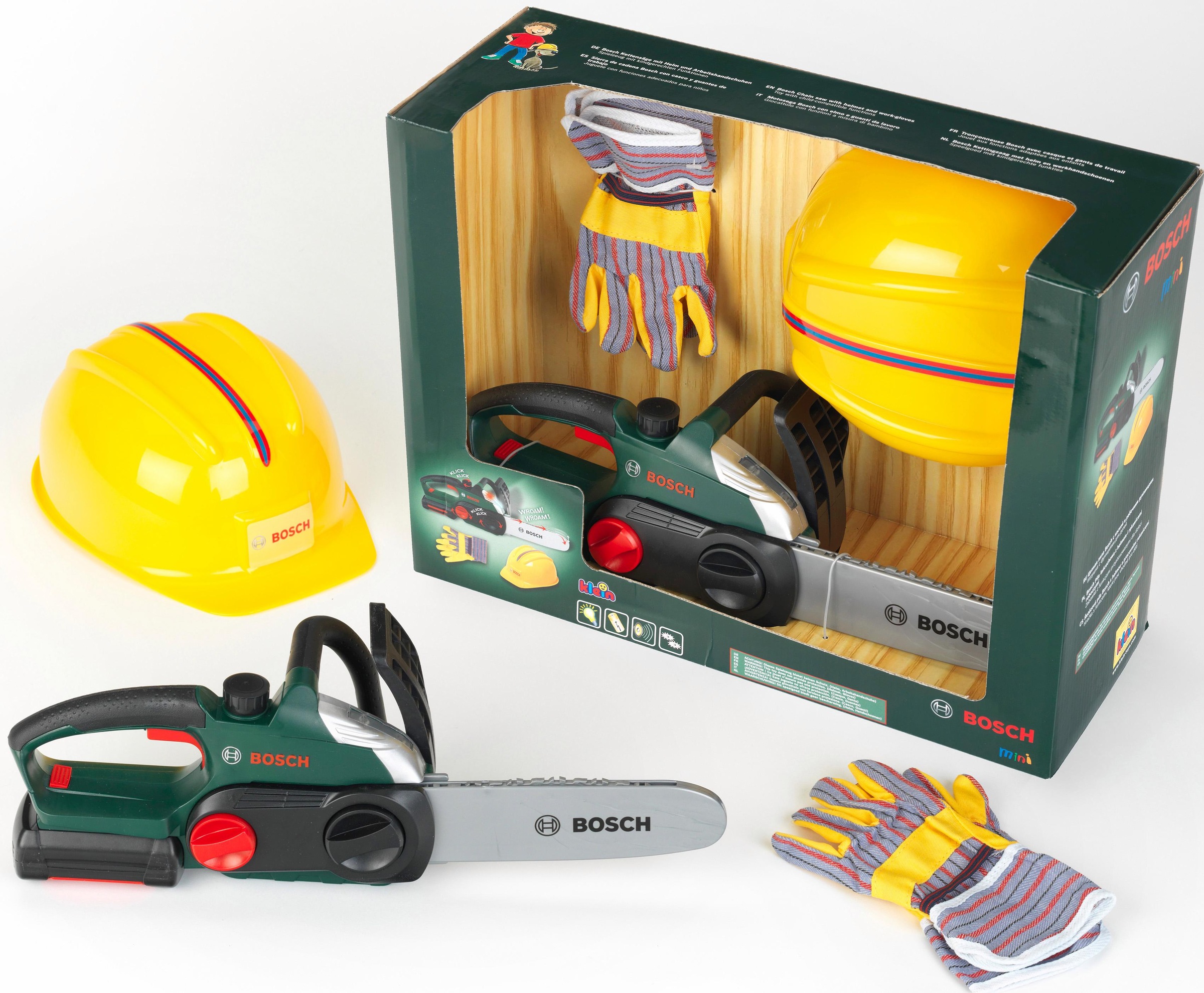 Image of Klein Spielwerkzeug "Bosch Kettensäge mit Helm und Handschuhe"