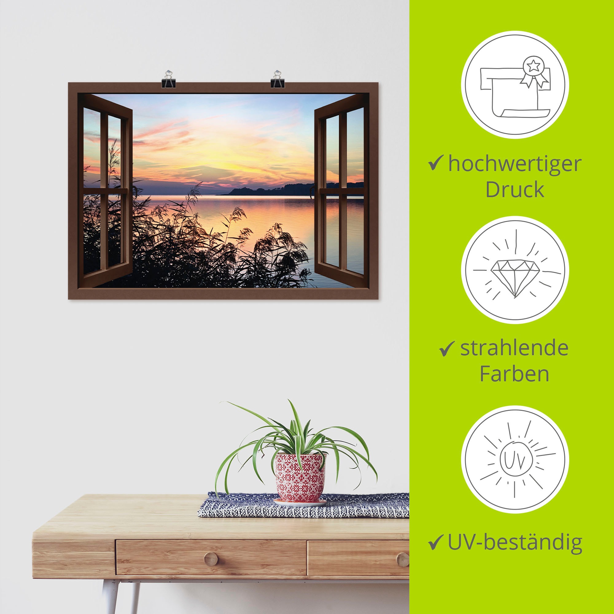 Artland Wandbild »Fensterblick - Abendrot im Schilf«, Fensterblick, (1 St.), als Leinwandbild, Poster in verschied. Grössen