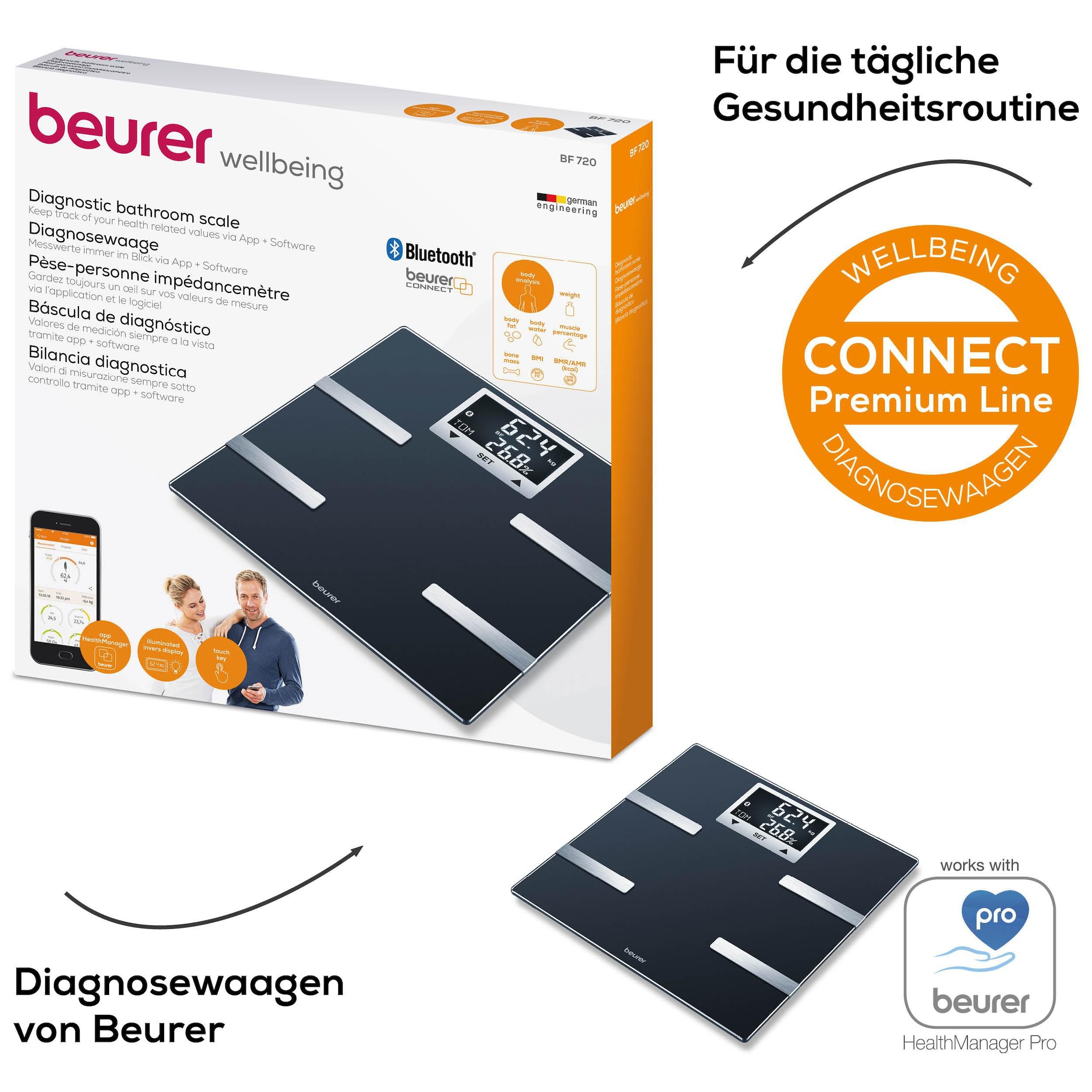 BEURER Pèse-personne d'analyse corporelle »BF 720 Messung von Körperfett, Muskelanteil, Kalorienanzeige usw.« Körperanalyse, mit App zur Übertragung und Tracking der Messwerte