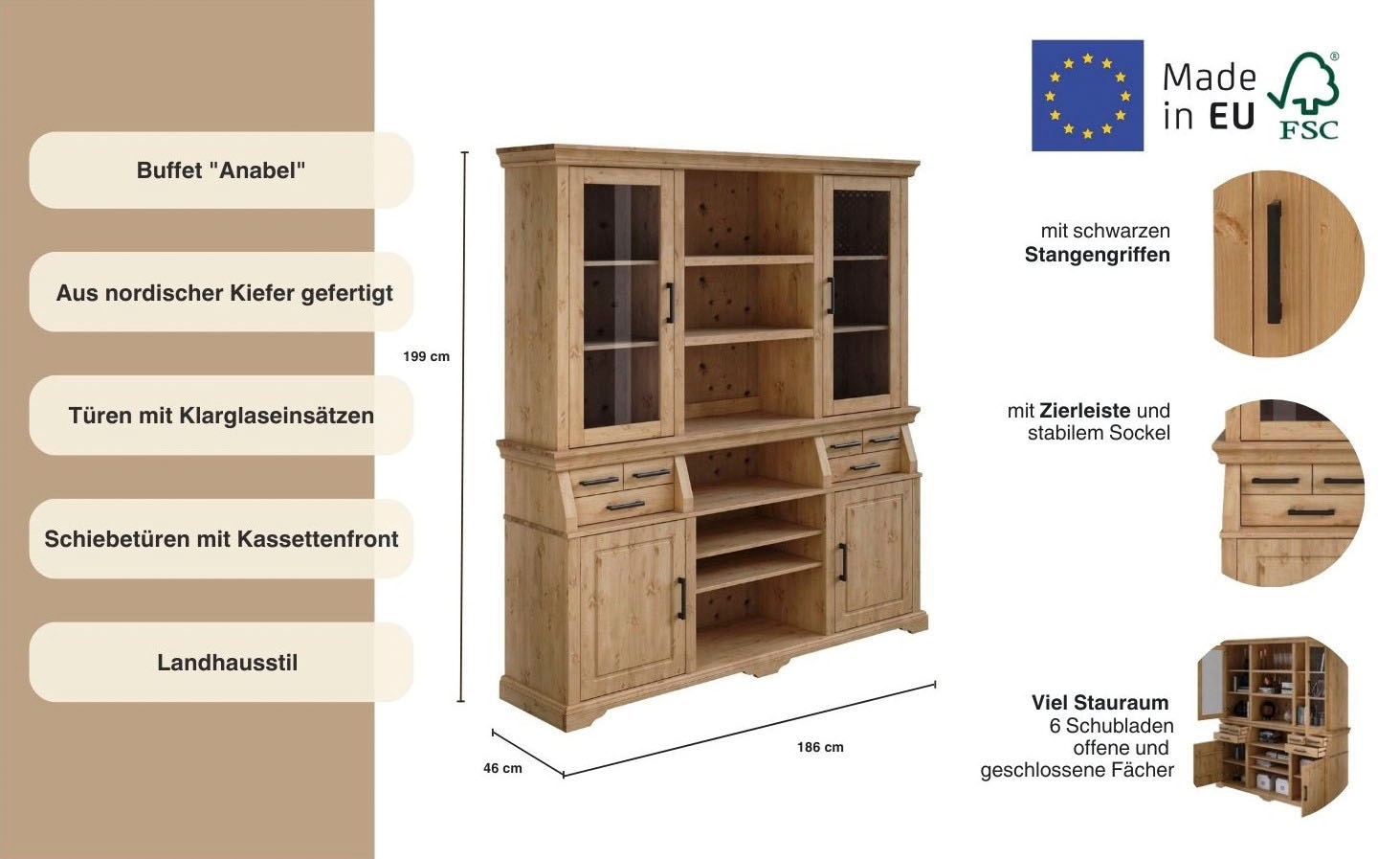 Home affaire Buffet »Anabel, mit Glastüren und schwarzen Metallgriffen«, zertifiziertes Massivholz, Breite 186 cm, Höhe 199 cm