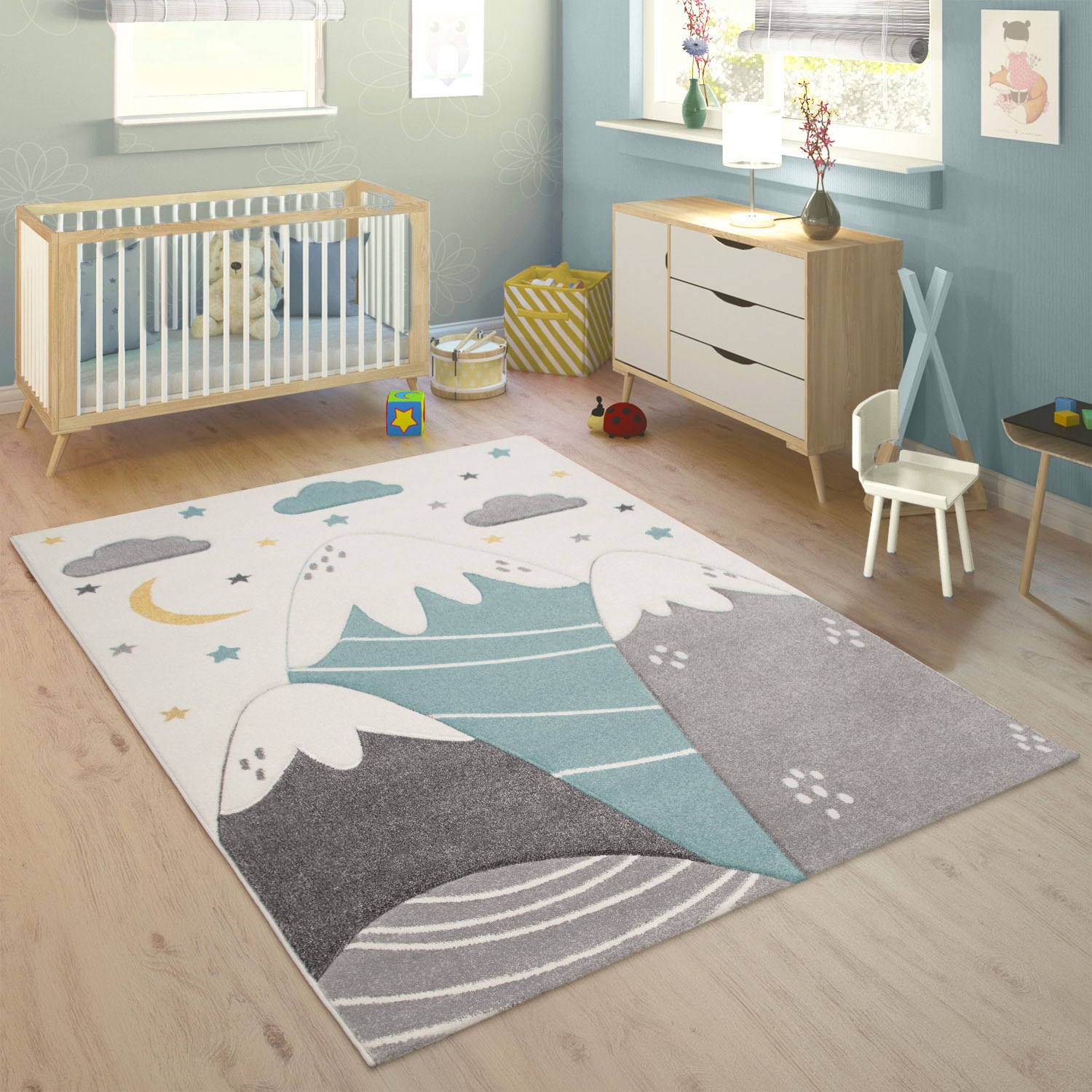Image of Paco Home Kinderteppich "Cosmo 707" rechteckig 13 mm Höhe 3D-Design, niedliches Motiv Berge & Sterne, Pastell-Farben
