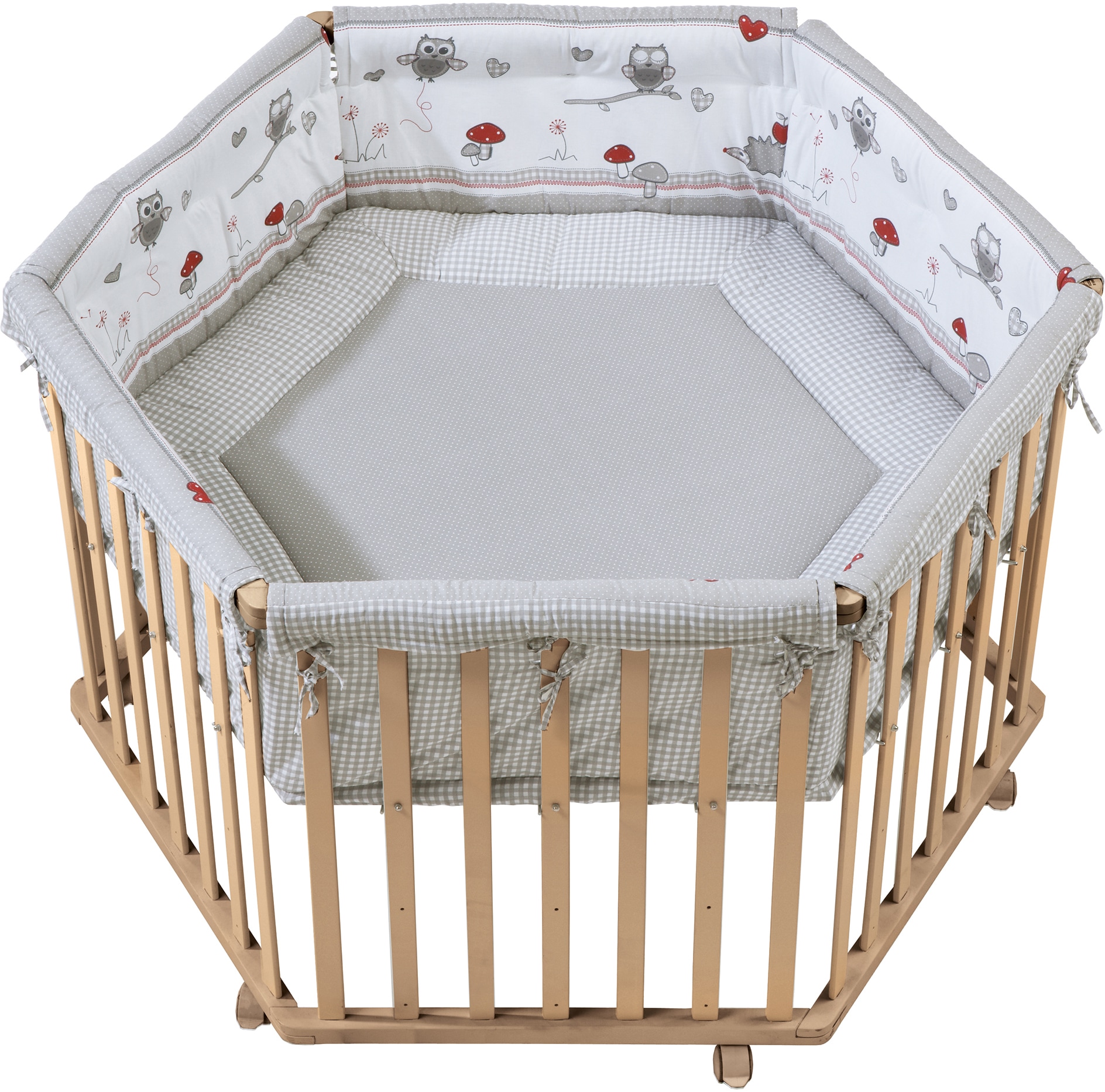Image of roba Laufgitter "Cosiplay Adam & Eule, natur, 6-eckig" bis 15 kg mit Stoffeinlage und Nestchen