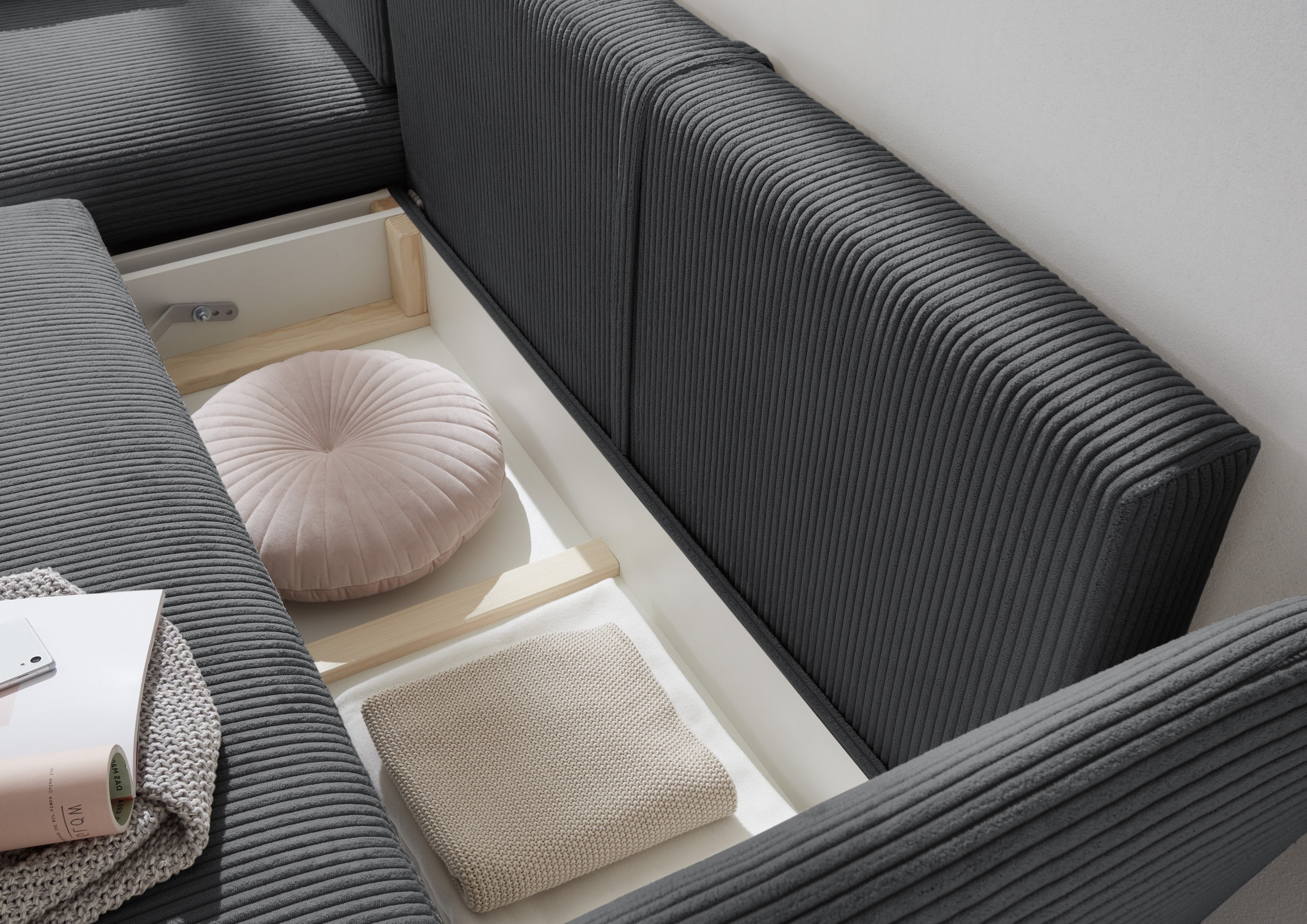 andas Ecksofa »MERLE, 258 cm, L-Form, traumhafter Cord,«, mit Bettfunktion und Bettkasten, Liegefläche 224 x 139