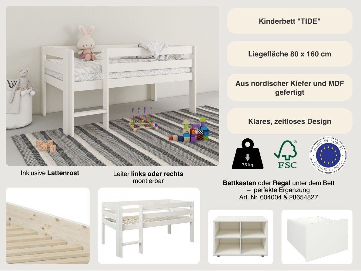 GOODproduct Kinderbett »"Tide", Halbhochbett, zertifiziertes Massivholz« aus massiver Kiefer, FSC®-zertifiziert