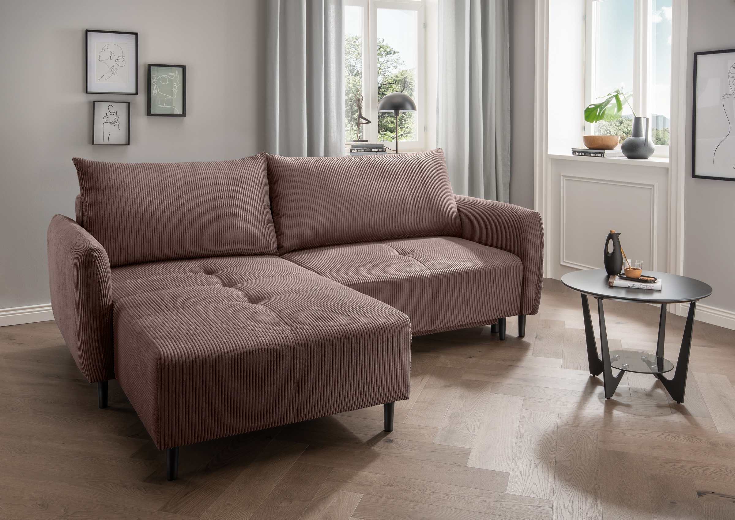 INOSIGN Ecksofa »Mara, L-Form, aktueller Cord Bezug und tolle Farben, schmale Armlehnen«, whlw. mit Bettfunktion,Recamiere links/rechts montierbar, Breite 238cm