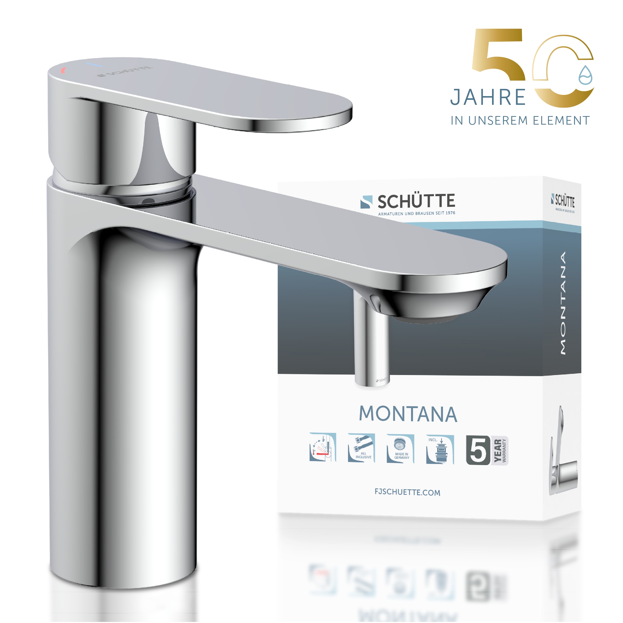 Image of Schütte Waschtischarmatur "MONTANA" Wasserhahn Ablaufgarnitur Exzenter Energiesparende Cold-Start-Funktion