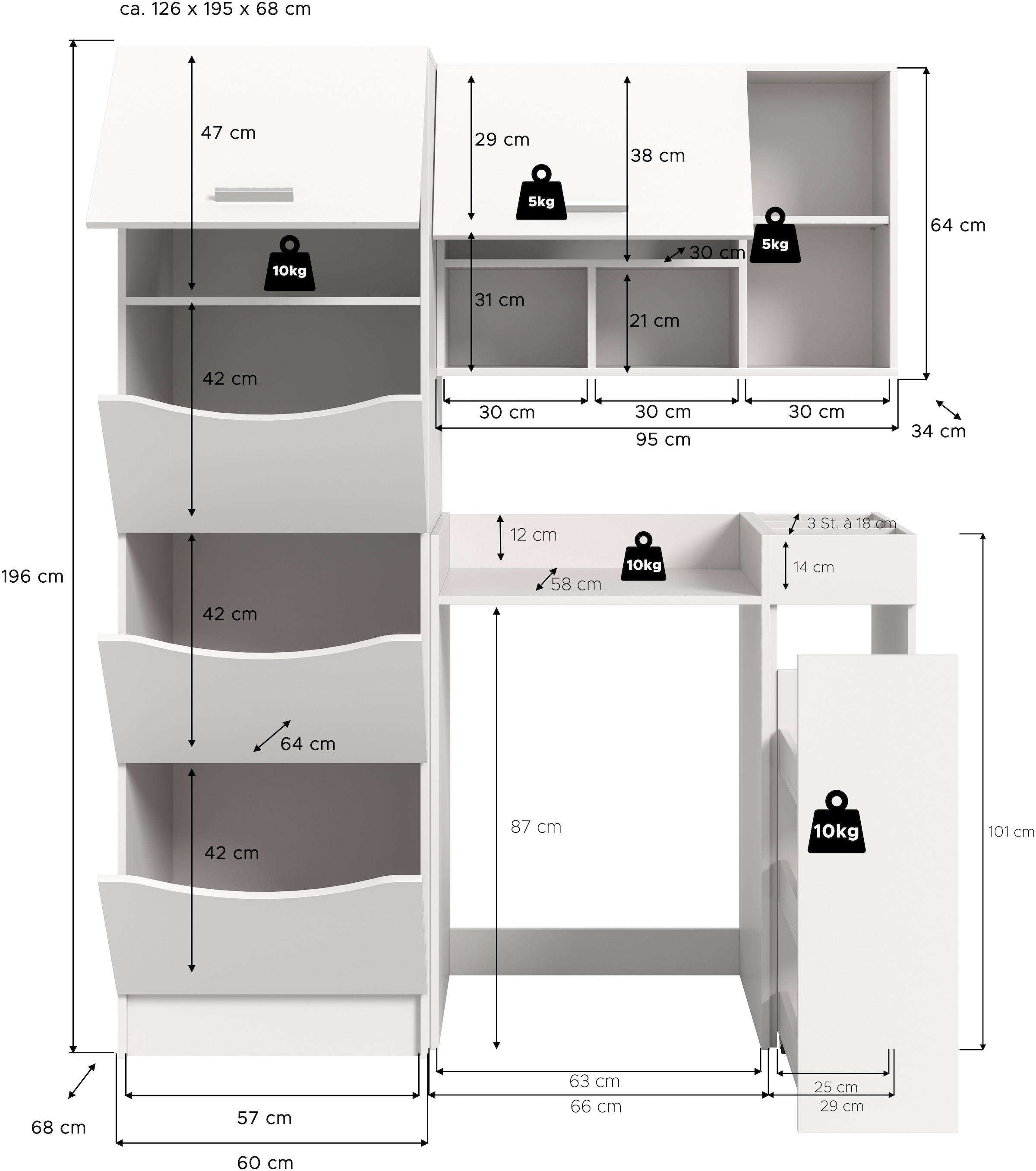 welltime Badmöbel-Set »FALAS, TOPSELLER!, 4-teilig, Hauswirtschaftsraum Set, Breite 126 cm« Set, Wäschschrank, Waschmaschinenumbauschrank, Standregal, Hängeschrank, 4 Stk. tlg.