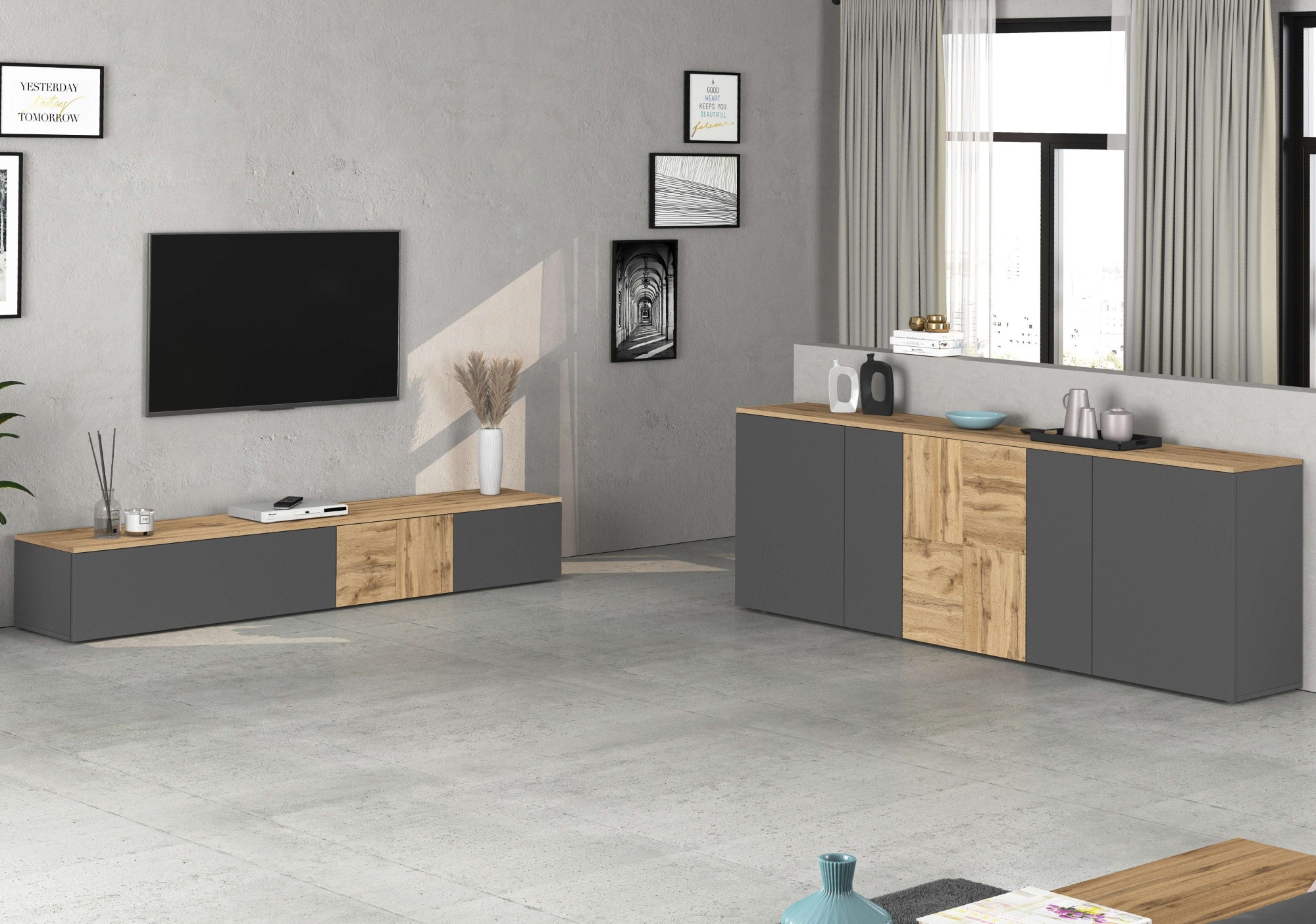 GOODproduct Sideboard »ISEO, Kommode, Schrank, Sideboard, Lowboard, 6 Fächer, Breite 200 cm« 1 Stk. tlg. stehend/hängend, 5 Türen, 6 Fächer, Breite 200 cm