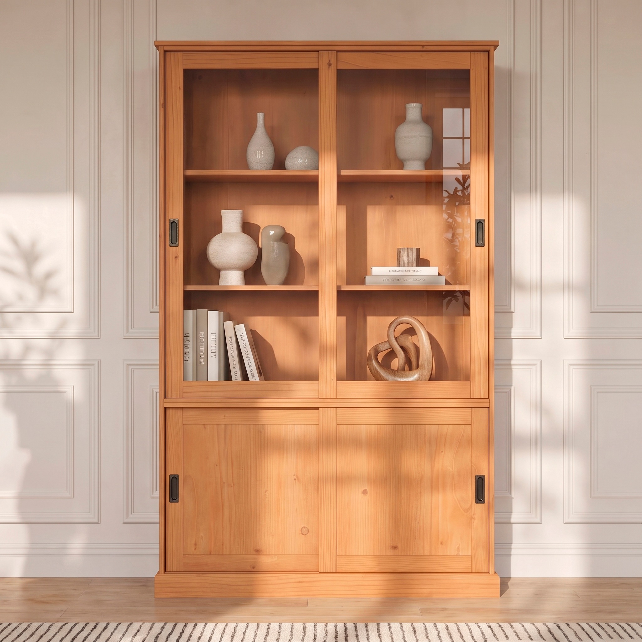 Image of GOODproduct Vitrine "Schröder" mit 2+2 Schiebetüren, aus massivem Kiefernholz, Breite 114 cm