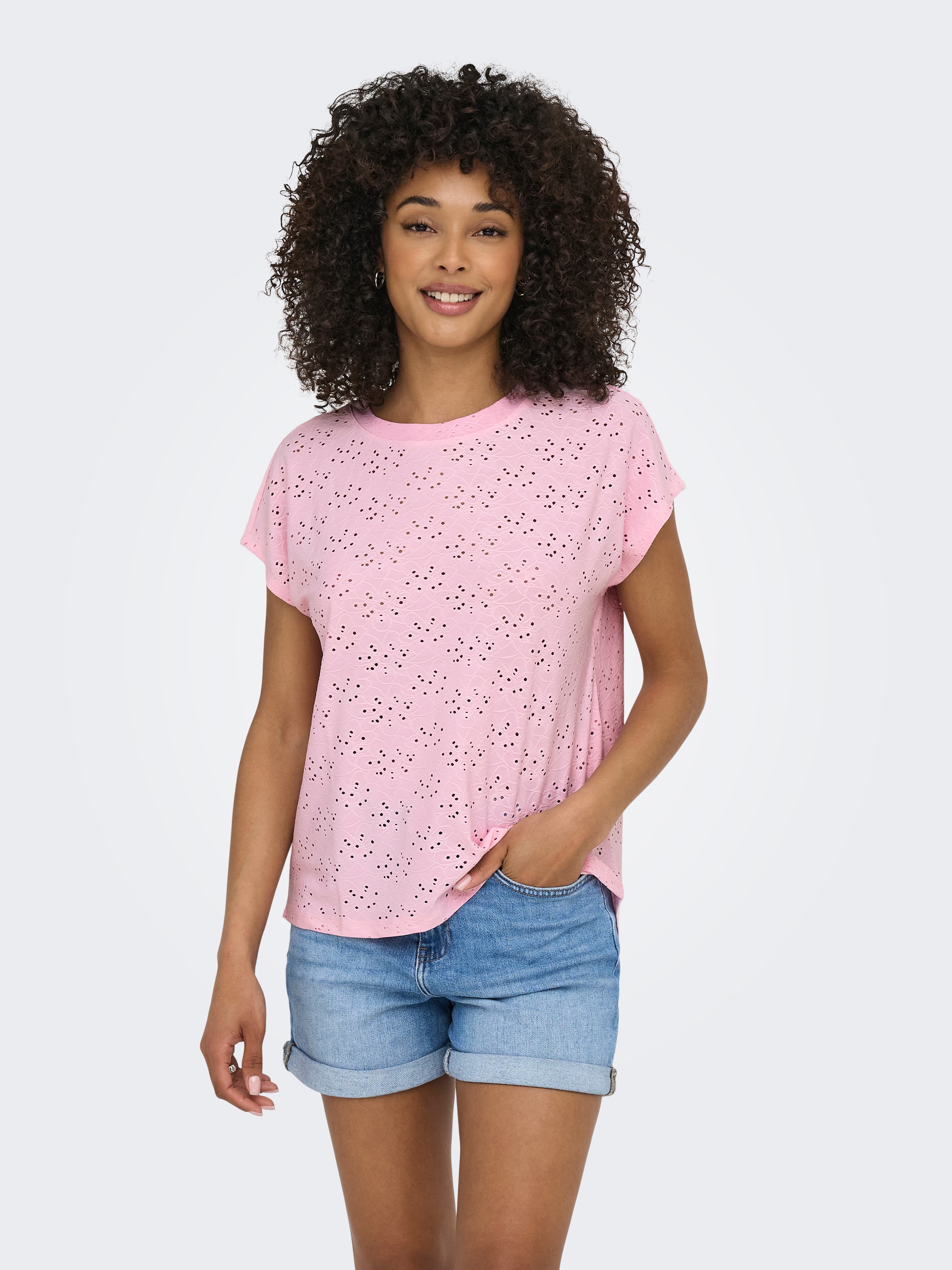 Image of ONLY Kurzarmshirt "ONLSMILLA LIFE S/S TOP JRS NOOS" regular fit, modisch, Single Jersey, Materialmix, Rundhals