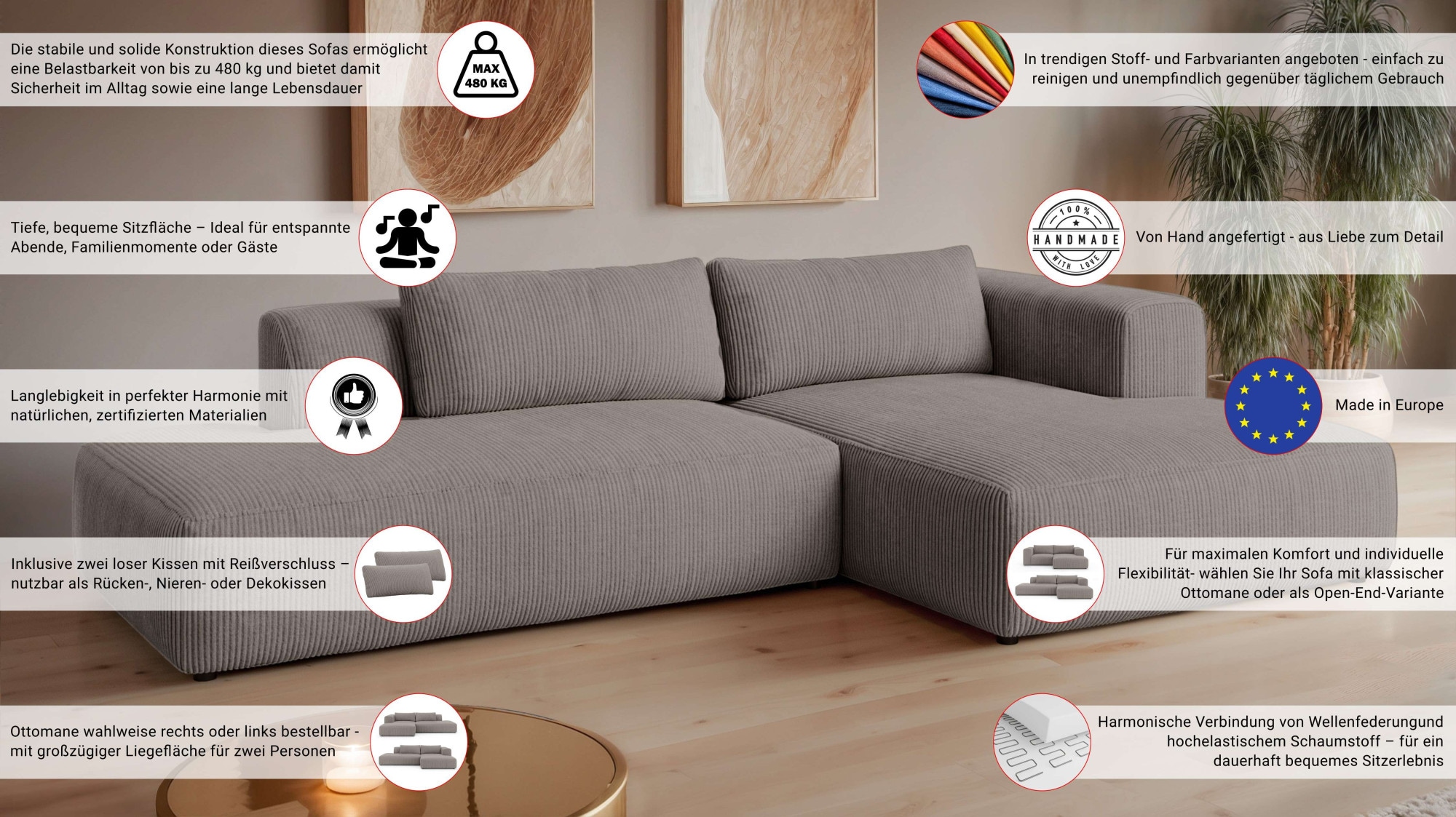 GOODproduct Ecksofa »TIARRA Design-Sofa mit Ottomane recht/links bestellbar, Breite 287 cm« L-Form mit hochelastischer Schaum und Wellenunterfederung