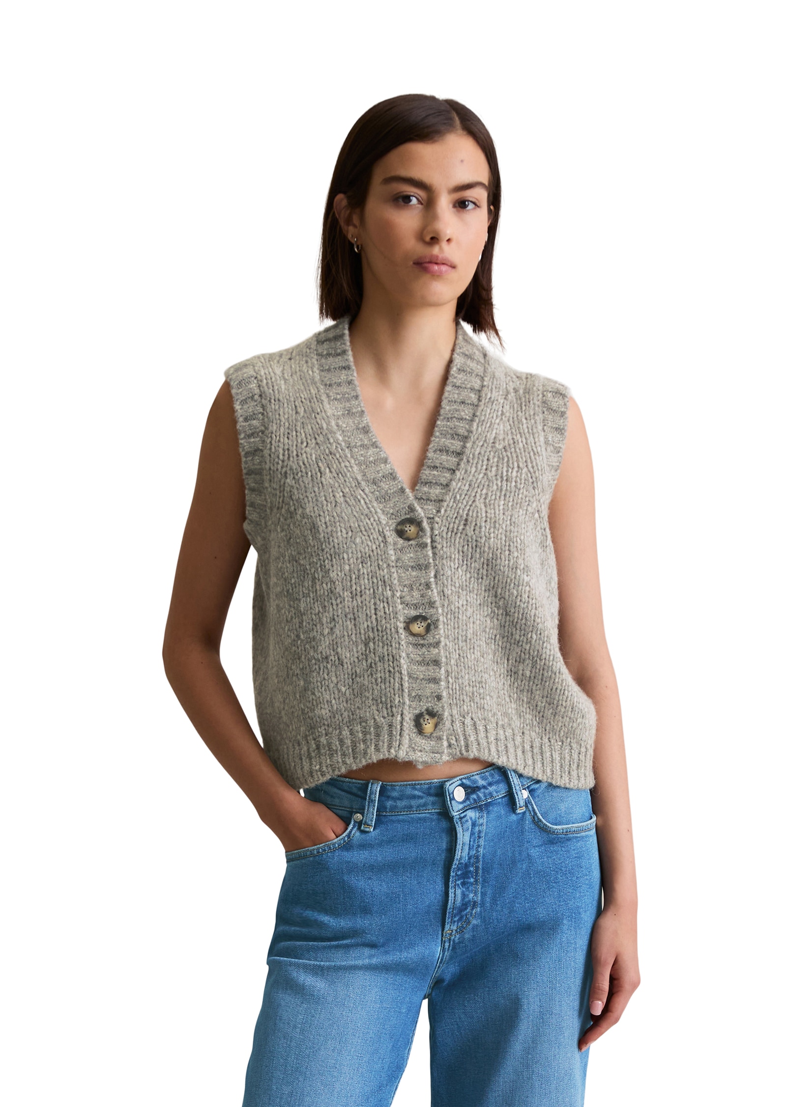 Image of Marc OPolo DENIM Strickweste "cropped aus kuscheligem Schurwolle-Alpaka-Mix" entspannter Schnitt mit tiefem V-Ausschnitt