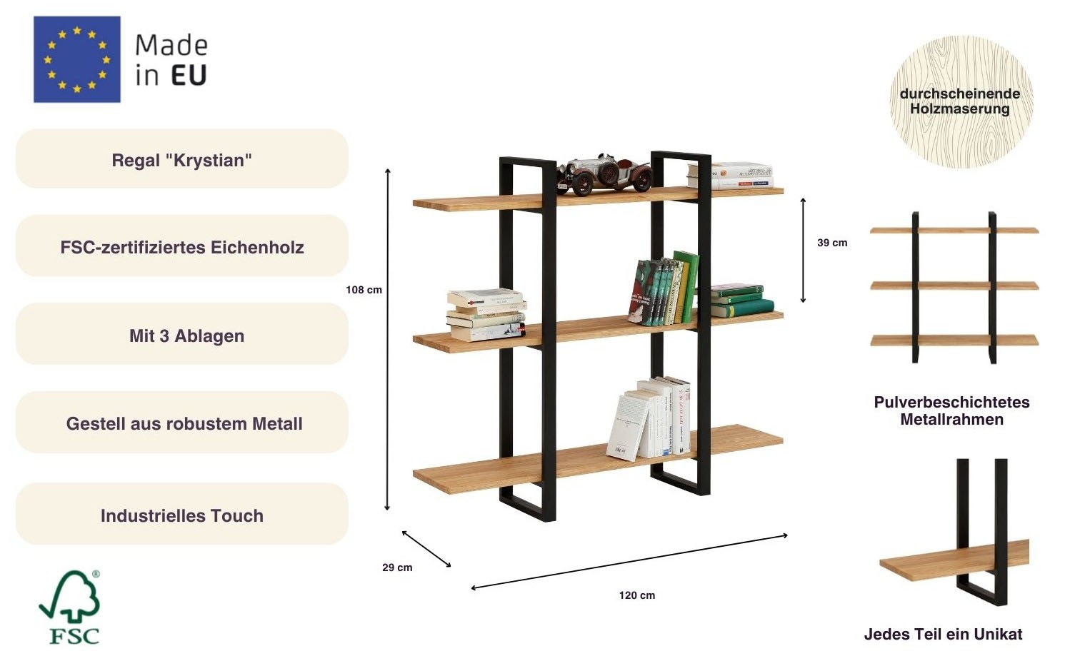 Home affaire Bücherregal »Krystian Regal« Gesamtmasse B/T/H: 120/29/108,  Raumteiler, Ablagen aus Eichenholz, Gestell aus robustem Metall