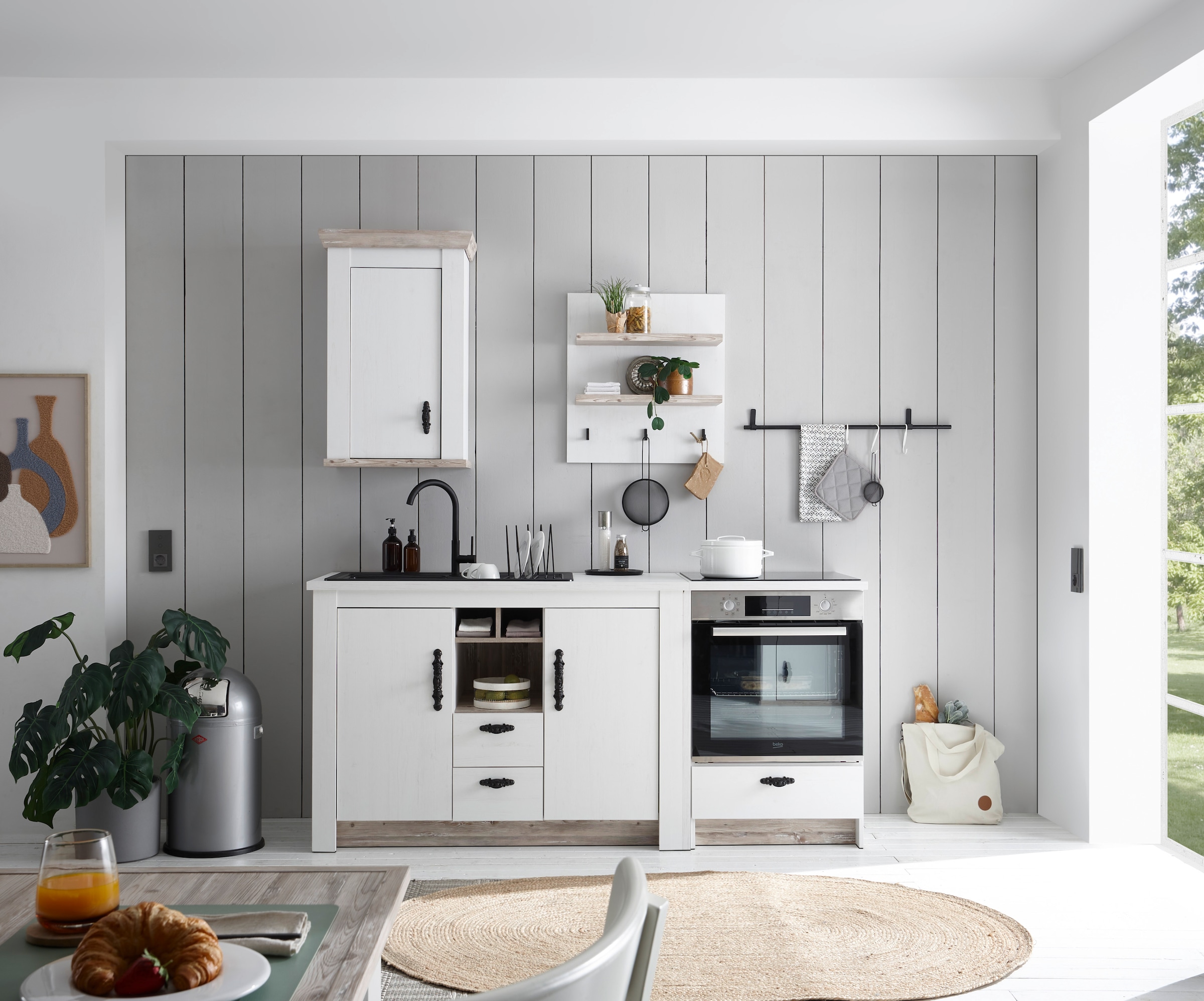 Home affaire Küchenzeile »Florenz, Küche in Pinie Weiss, mit Herdumbau, ohne E-Geräte« Set,  Breite 191 cm, mit verschnörkelten Metallgriffen, Arbeitshöhe 92 cm