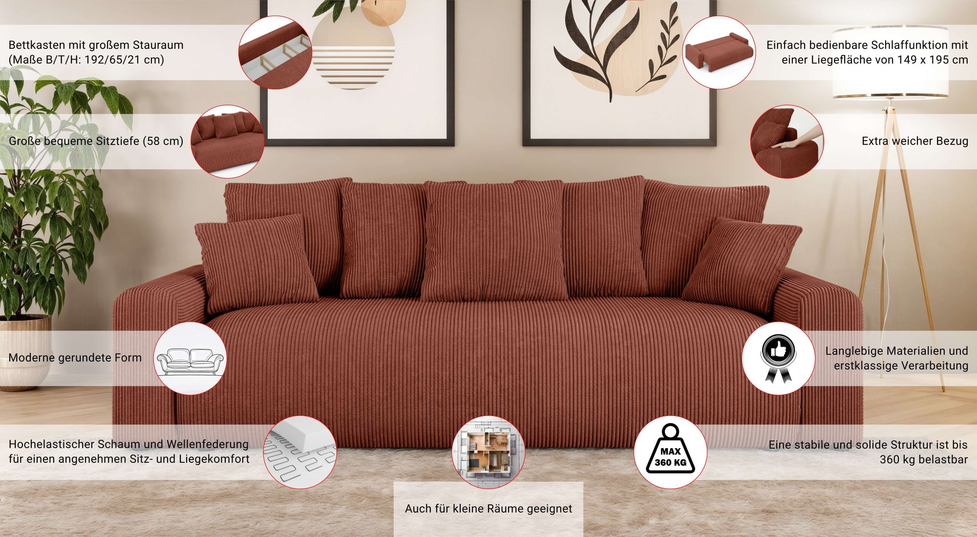 Home affaire Big-Sofa »LAKESIDE klein 3-Sitzer Schlafsofa mit Bettkasten, Breite 238 cm« Liegefläche 149x195 cm, hoher Sitzkomfort, Masse B/T/H: 238/98/85cm