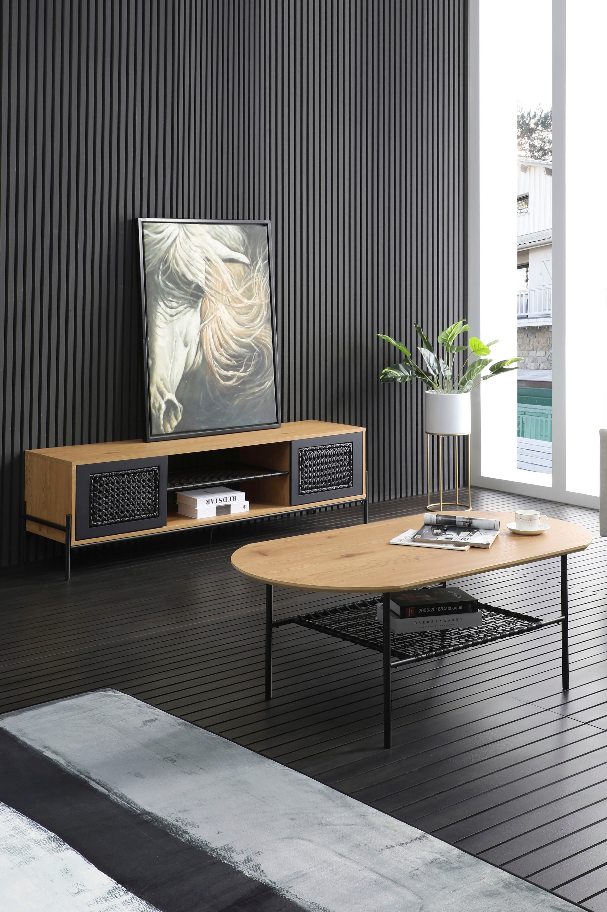 SalesFever Lowboard, Kommode mit mattschwarzem Einsatz aus Polyrattan, Fernsehtisch
